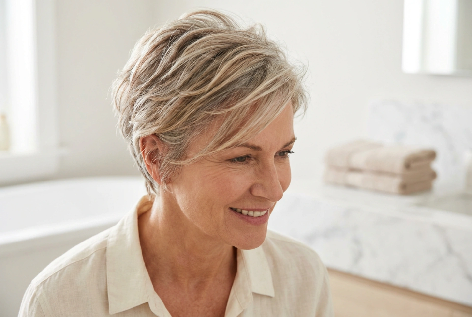 Penteado para cabelo curto para mulheres de 50 anos: volume e textura