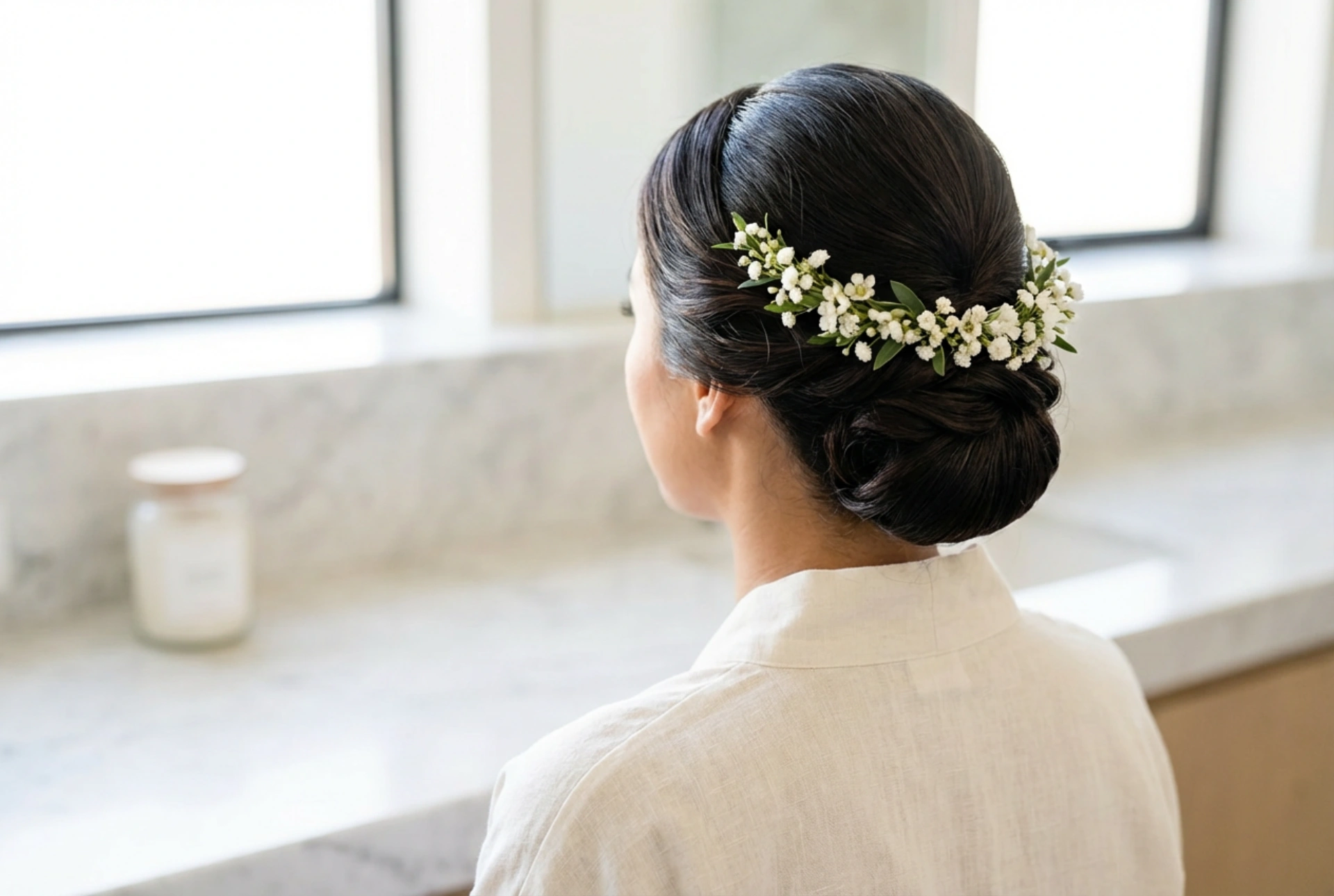 Ondas subtis e penteados apanhados: o penteado de comunhão com coroa de flores sem frizz