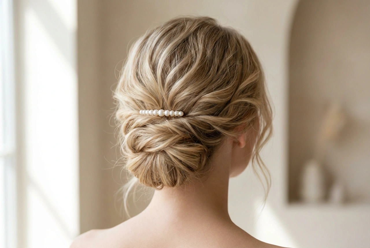 Penteado elegante para um casamento civil: apanhados baixos, ondas e acessórios
