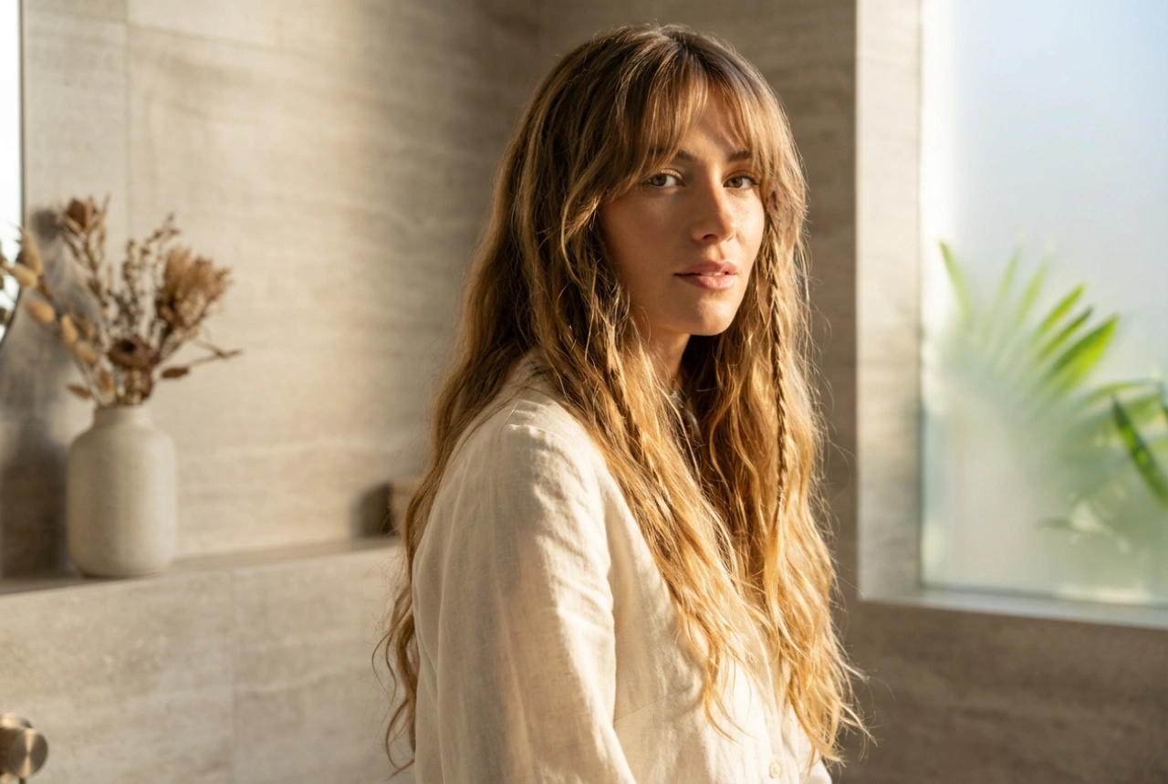 Boho na prática: penteado dos anos 70, franja cortina e ondas