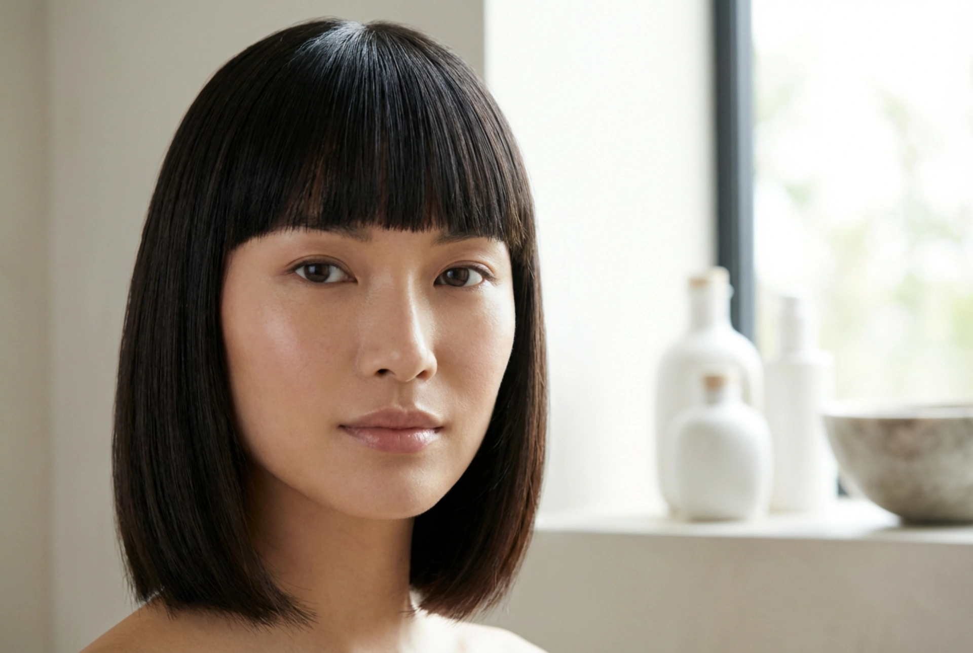 Linhas suaves: penteado com franja reta e controlo de volume