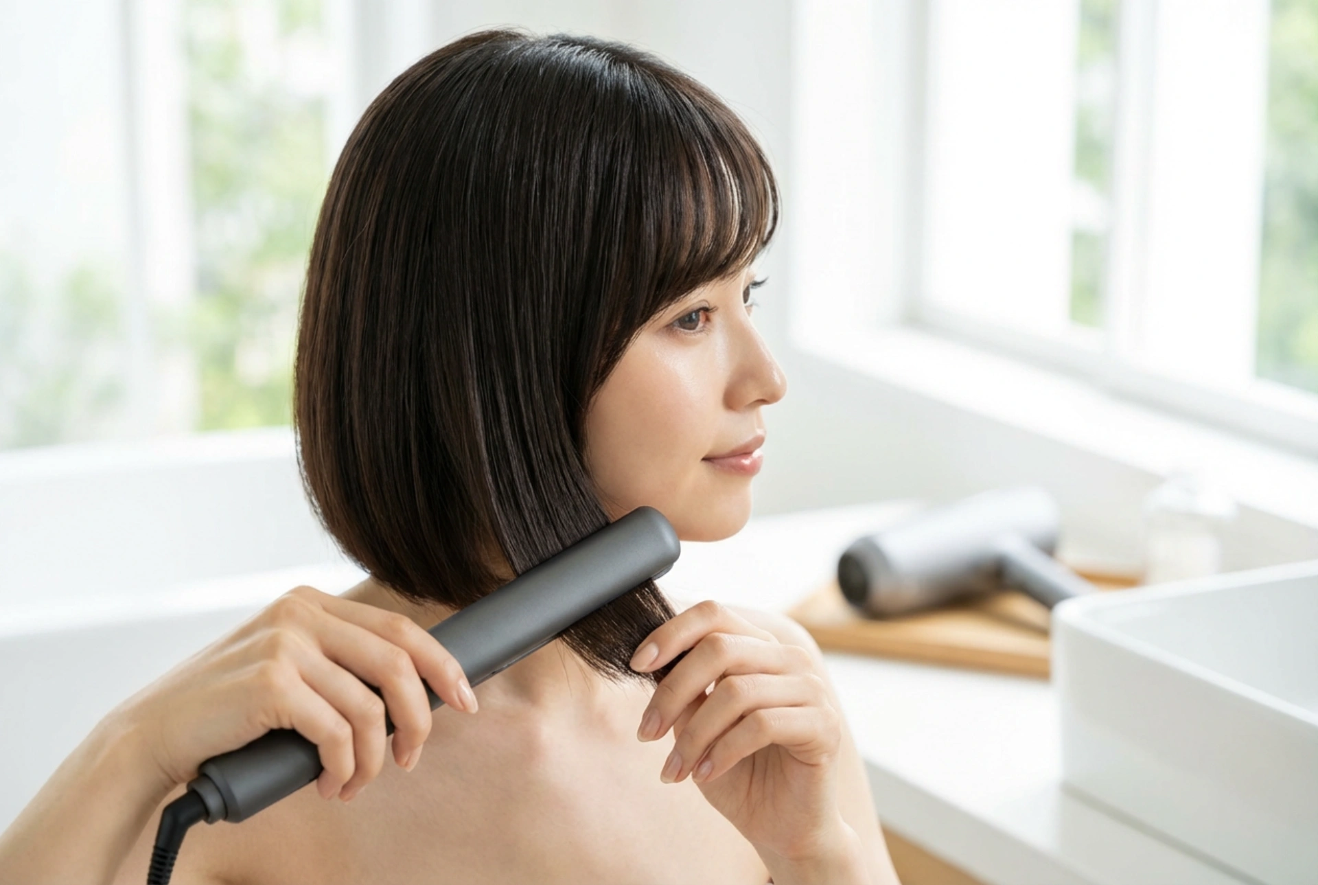 Corte bob com franja lateral: secagem, alisamento e fixação
