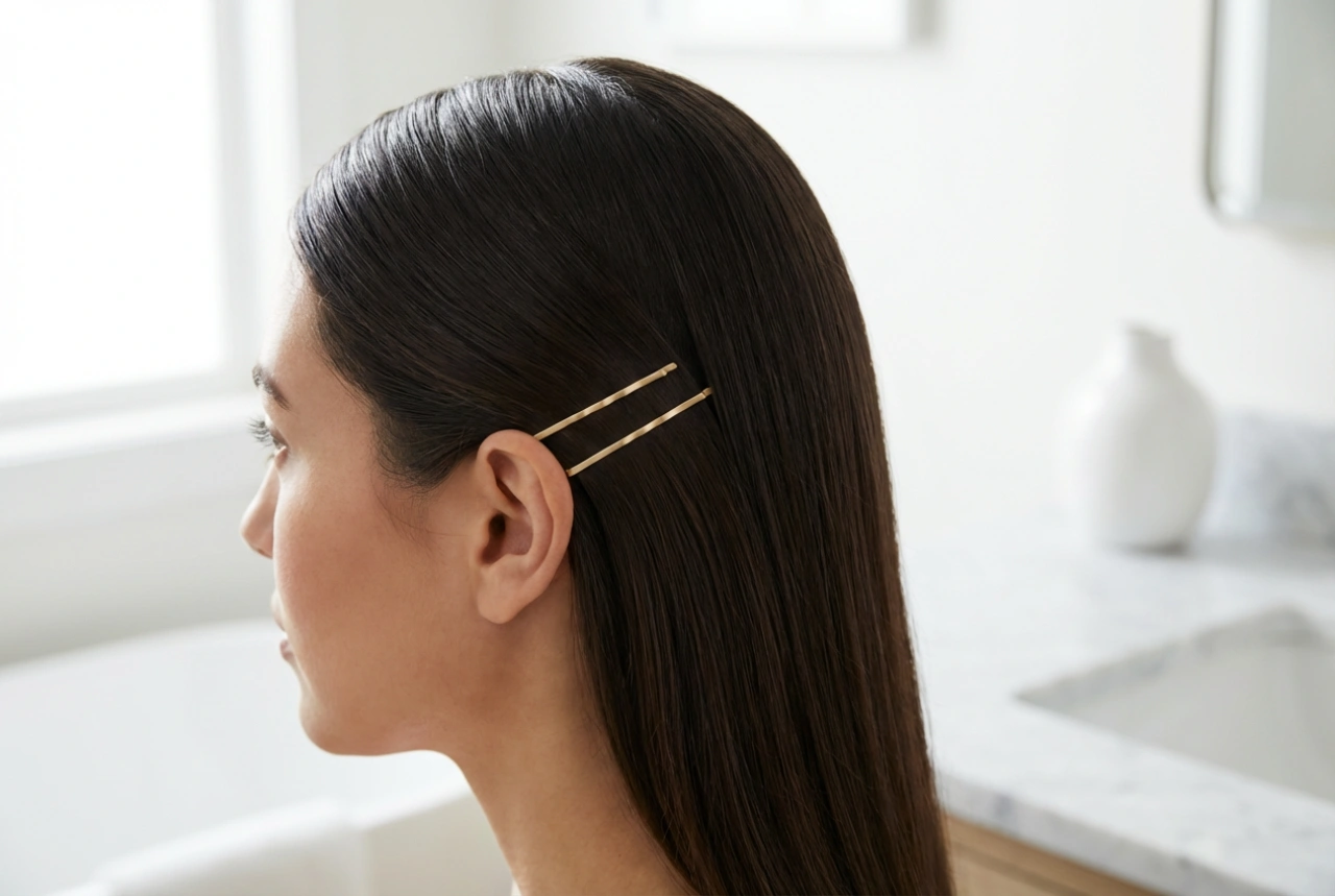 Penteado feminino atrás da orelha: visual elegante com grampos e gel