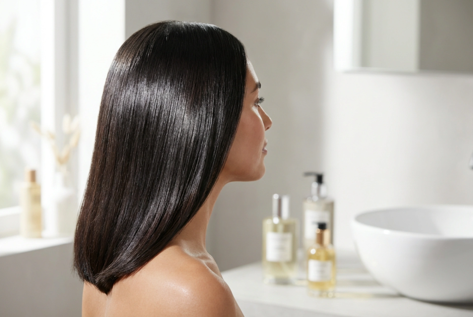 Penteado: cabelo liso até aos ombros com efeito espelhado, passo a passo