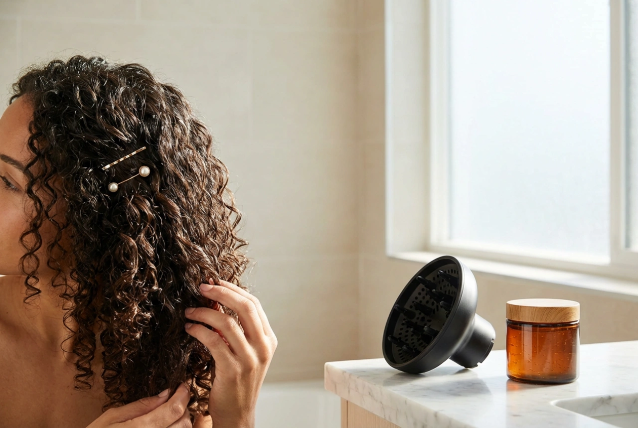 Cabelos cacheados com definição: como estilizar usando difusor, gel e presilhas