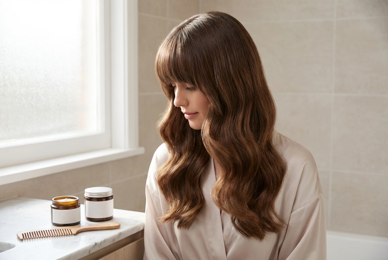 Cabelos longos com franja: ondas, alisamento e fixação