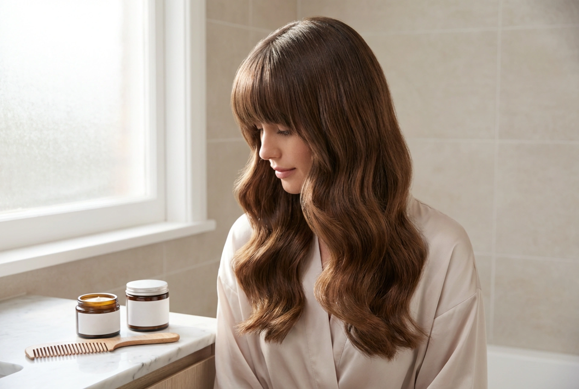 Cabelos longos com franja: ondas, alisamento e fixação