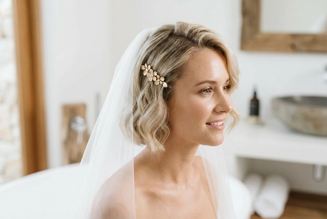 Cabelo curto e penteados de noiva: ondas elegantes, ganchos e véu