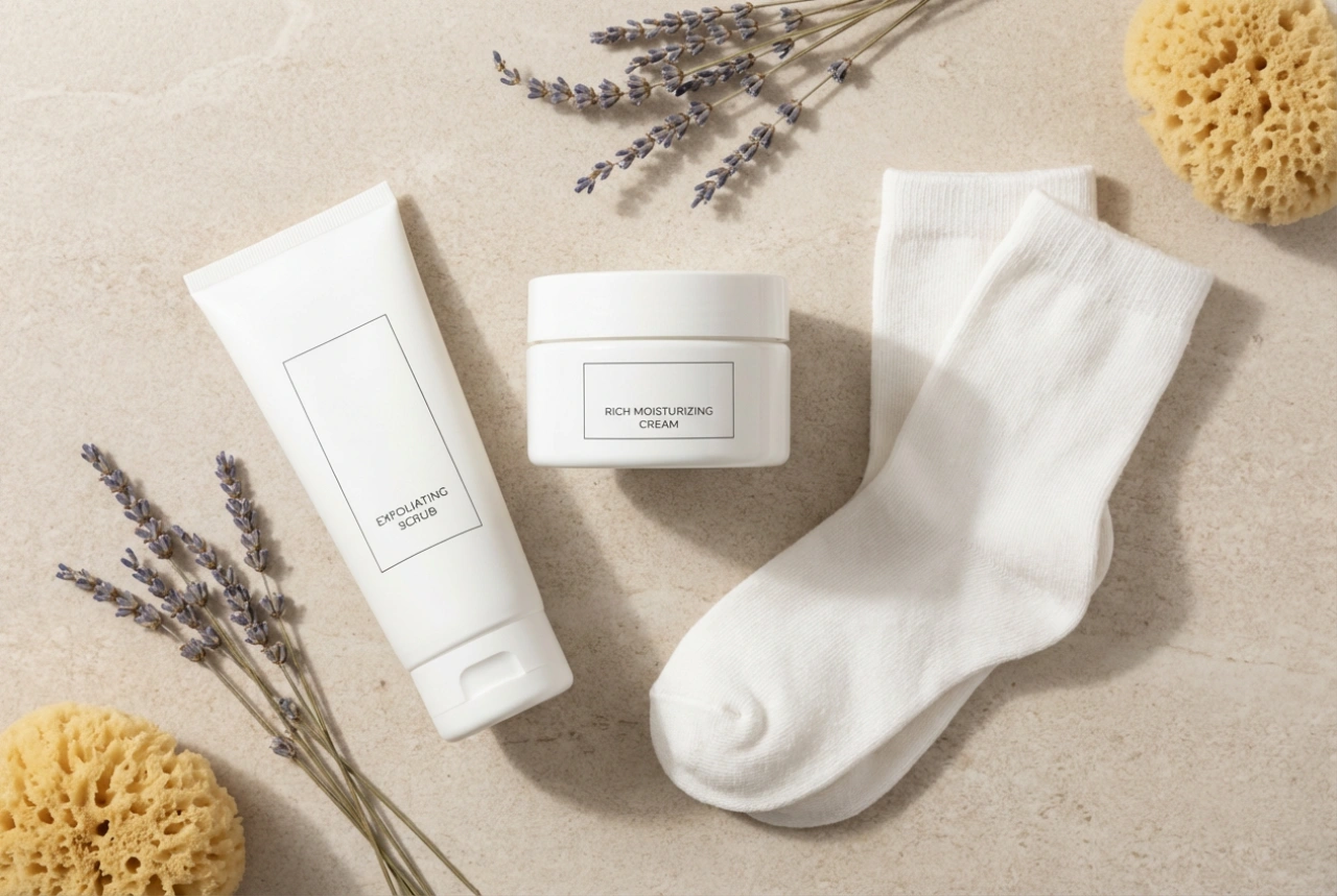 Rotina diária para calcanhares rachados: esfoliante, creme e meias