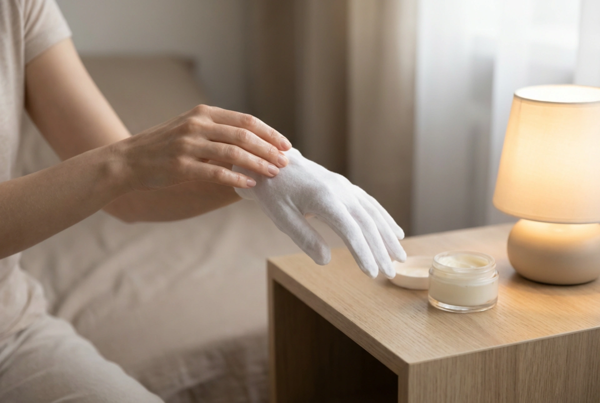 Cuidado noturno para mãos gretadas: oclusão e luvas