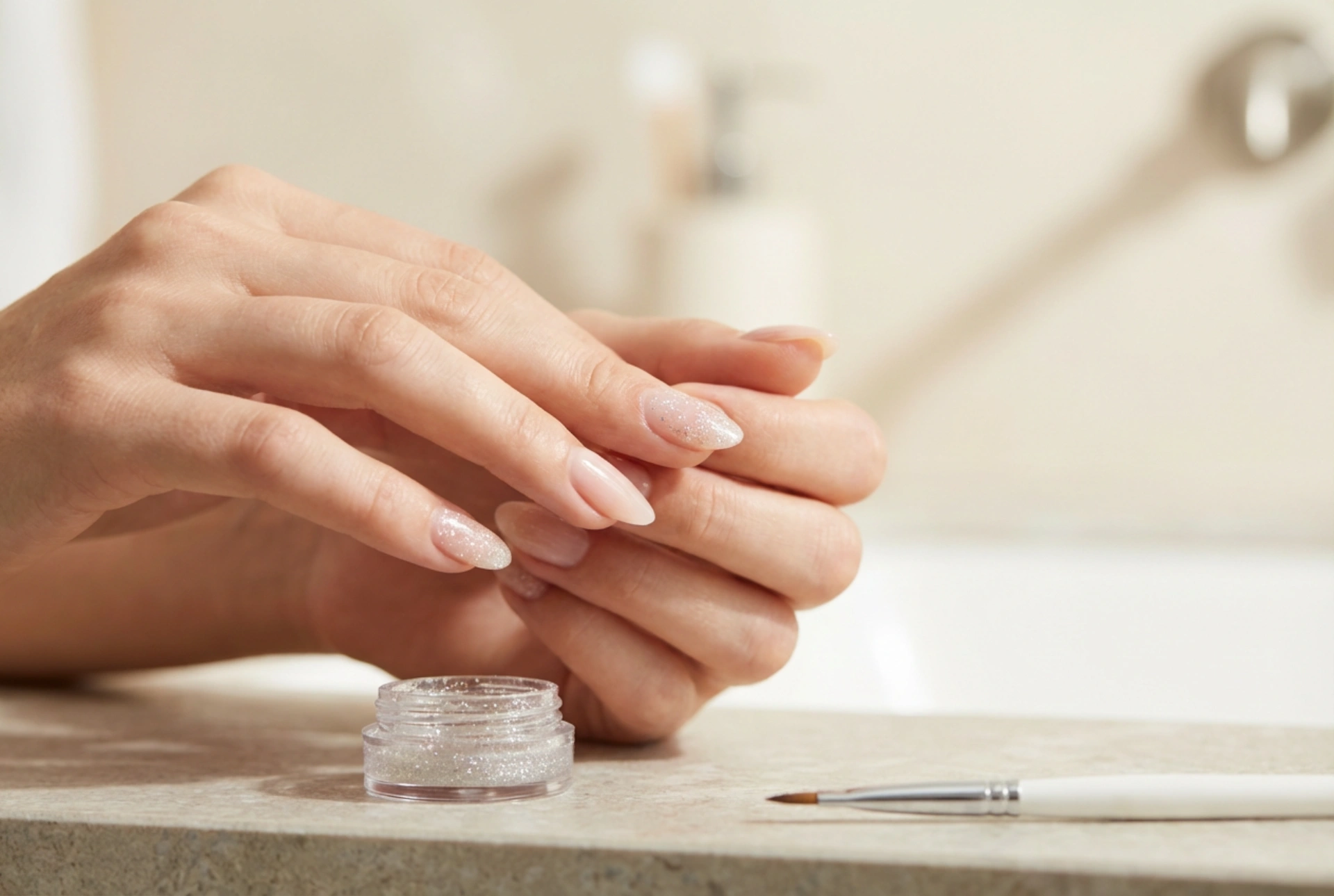 Gel de unhas com glitter sem marcas: aplicação, secagem e remoção