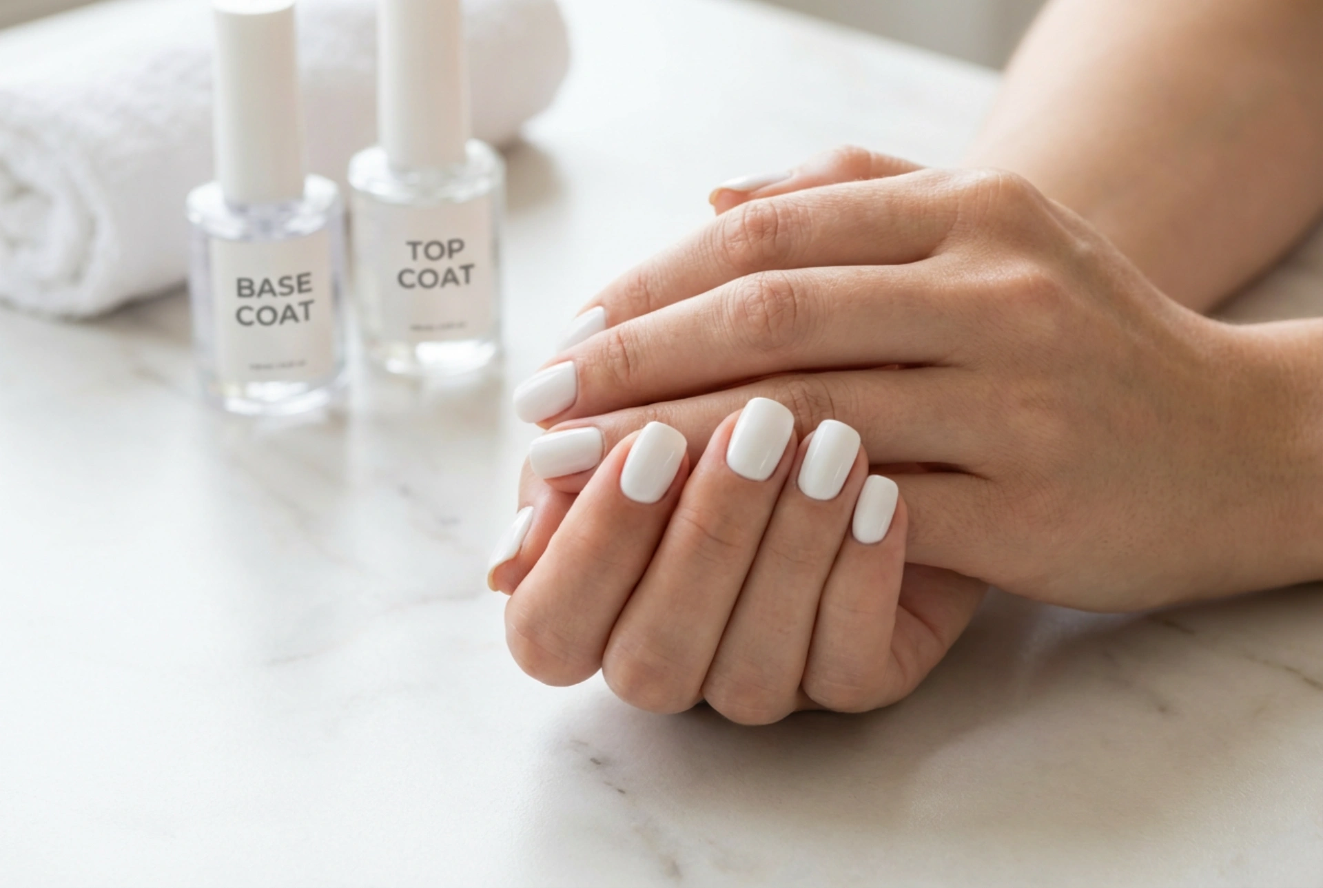 Unhas Híbridas Brancas Sem Riscos: Base, Duas Camadas Finas, Top Coat