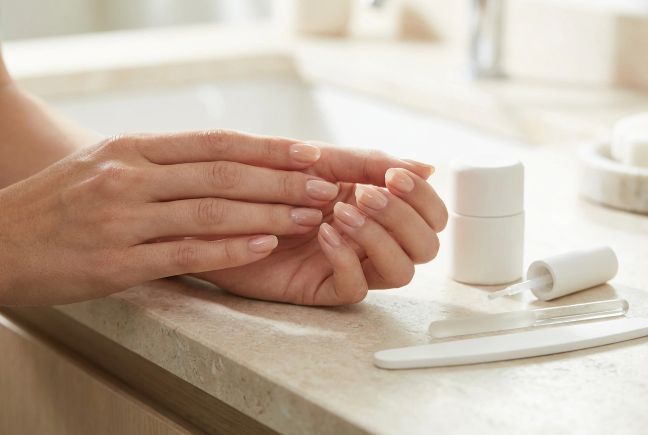 Unhas de gel com aspeto natural: cores nude, camada fina, alto brilho