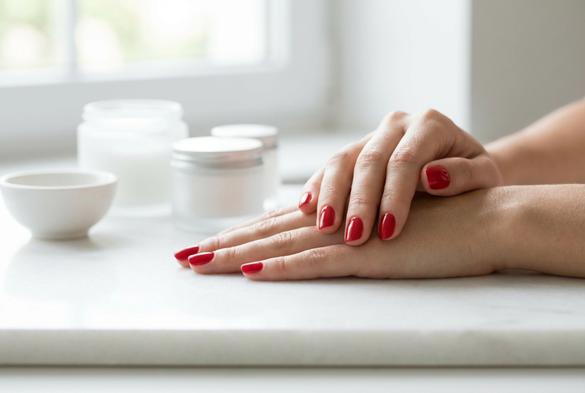 Unhas vermelhas elegantes: formato, brilho e acabamento perfeito
