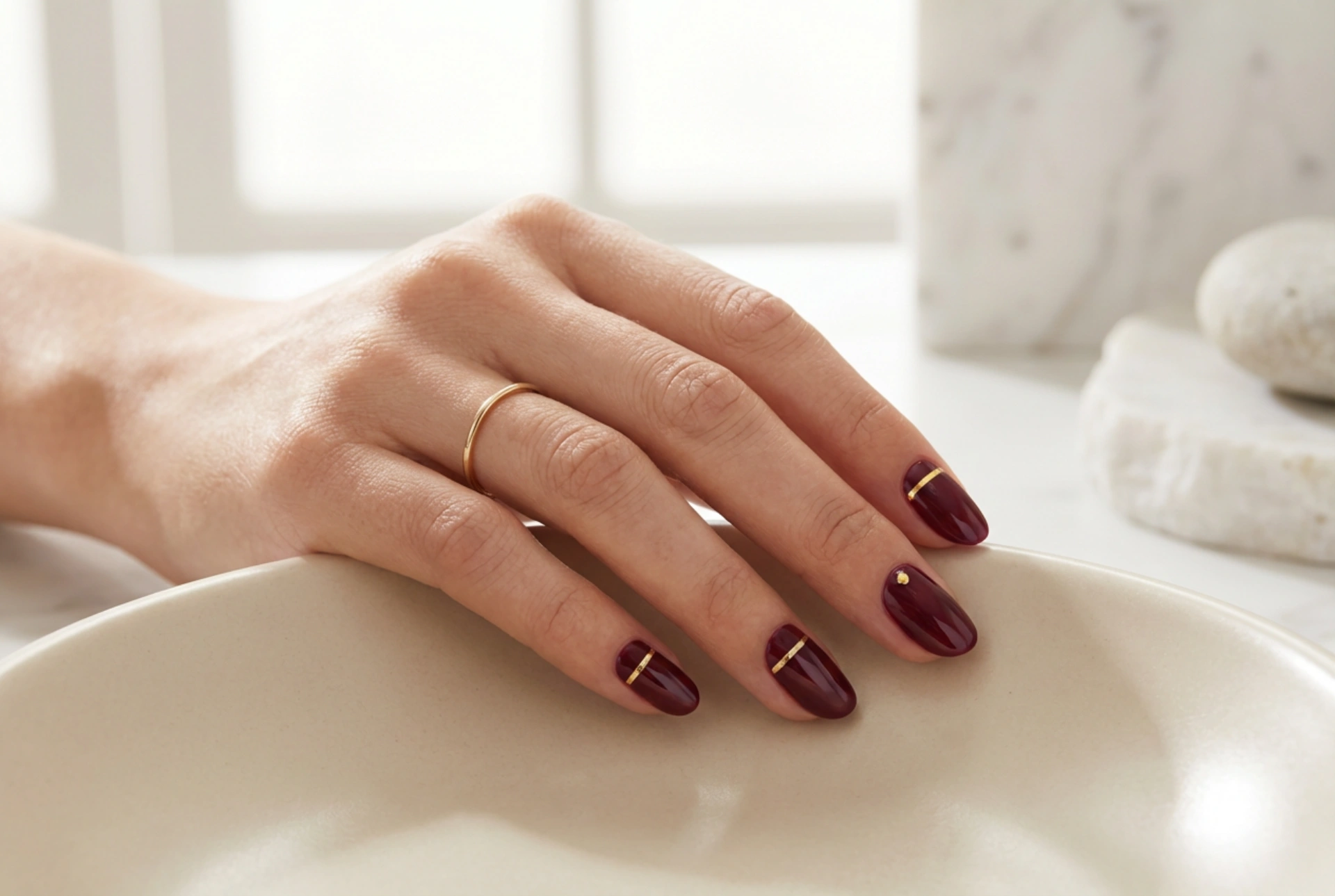 Unhas Borgonha com um Toque Dourado: Combinações e Técnicas