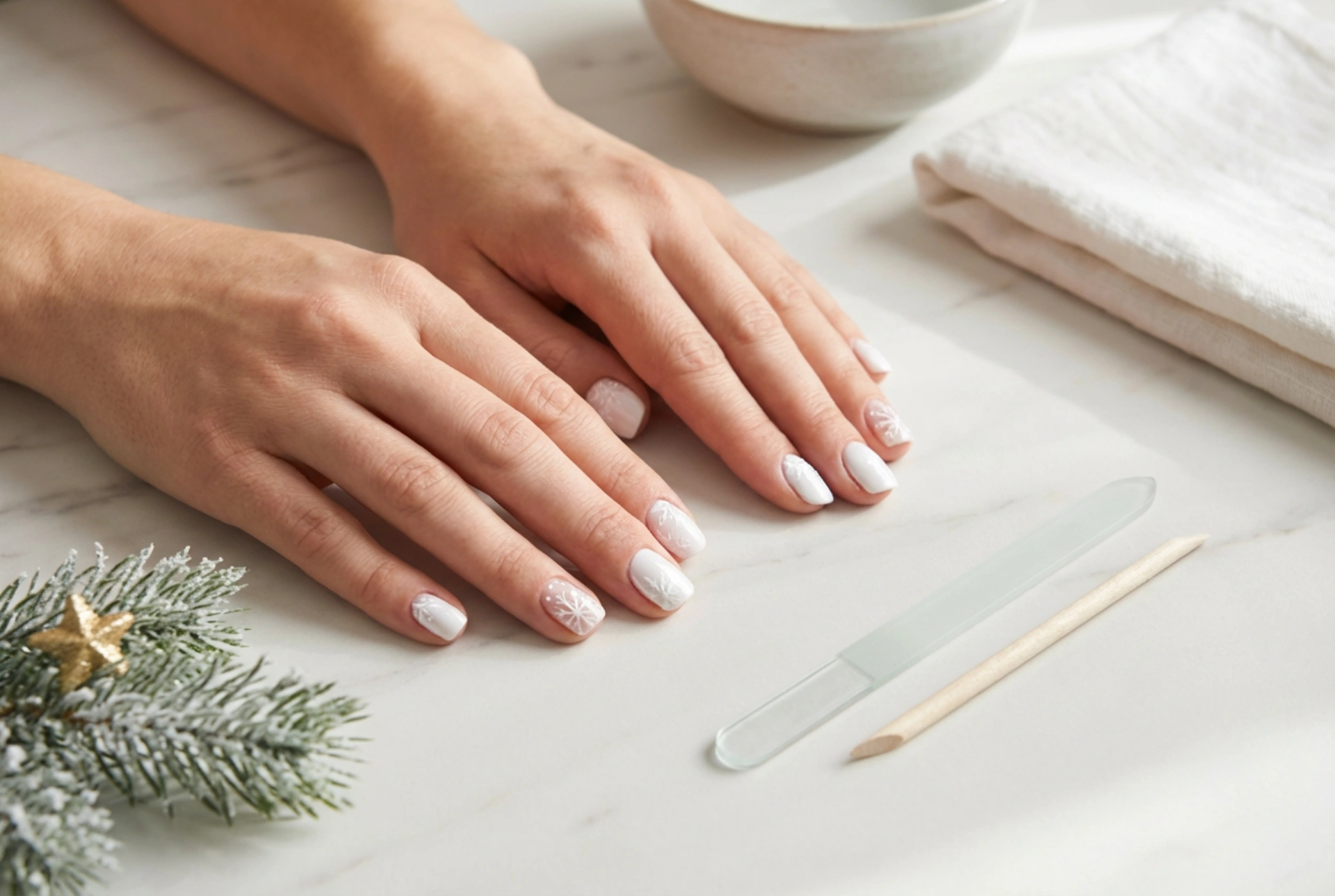 Unhas brancas de Natal: motivos simples, ferramentas e durabilidade