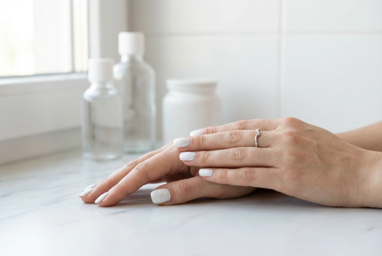 Unhas brancas com glitter sem falhas: base, aplicação e top coat