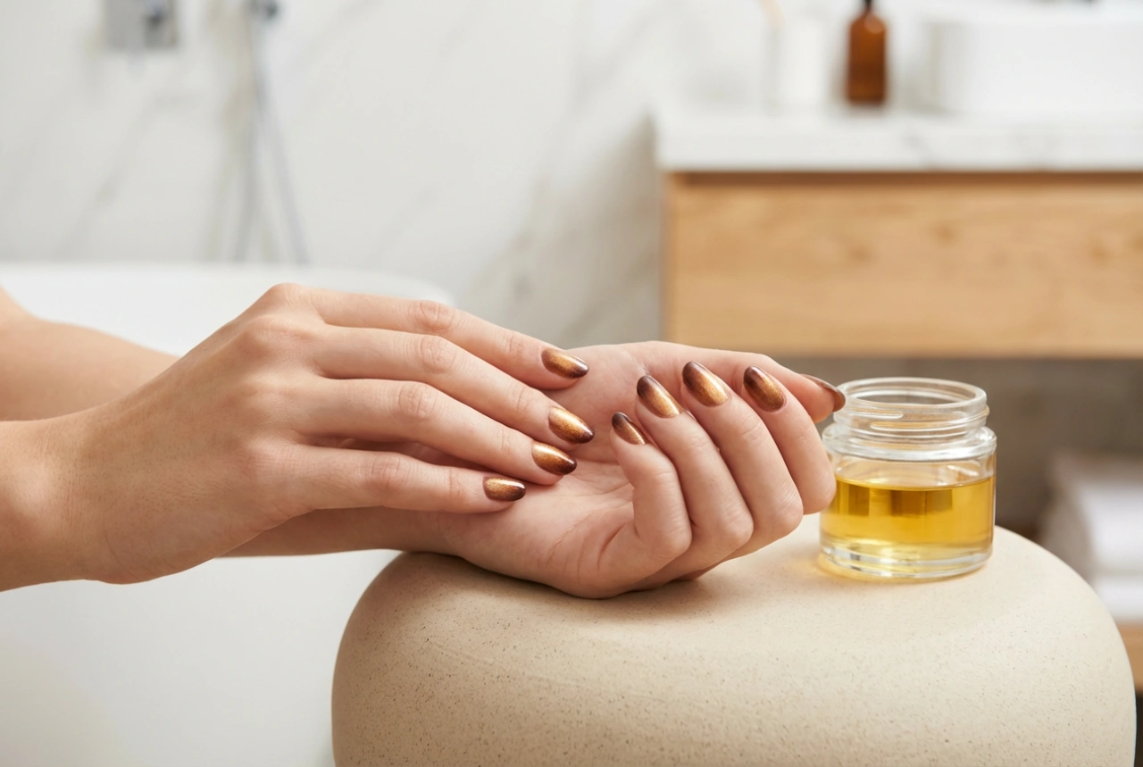 Unhas em castanho e dourado: uma combinação de cores quentes passo a passo