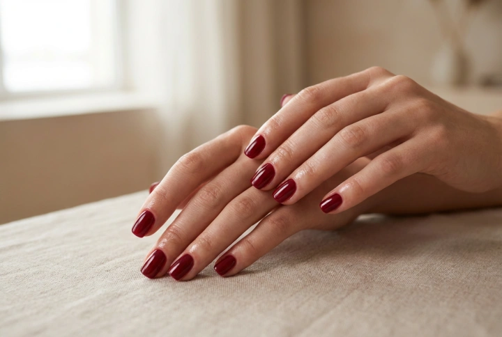 Unhas vermelho-escuras: cobertura uniforme, cutículas limpas e durabilidade