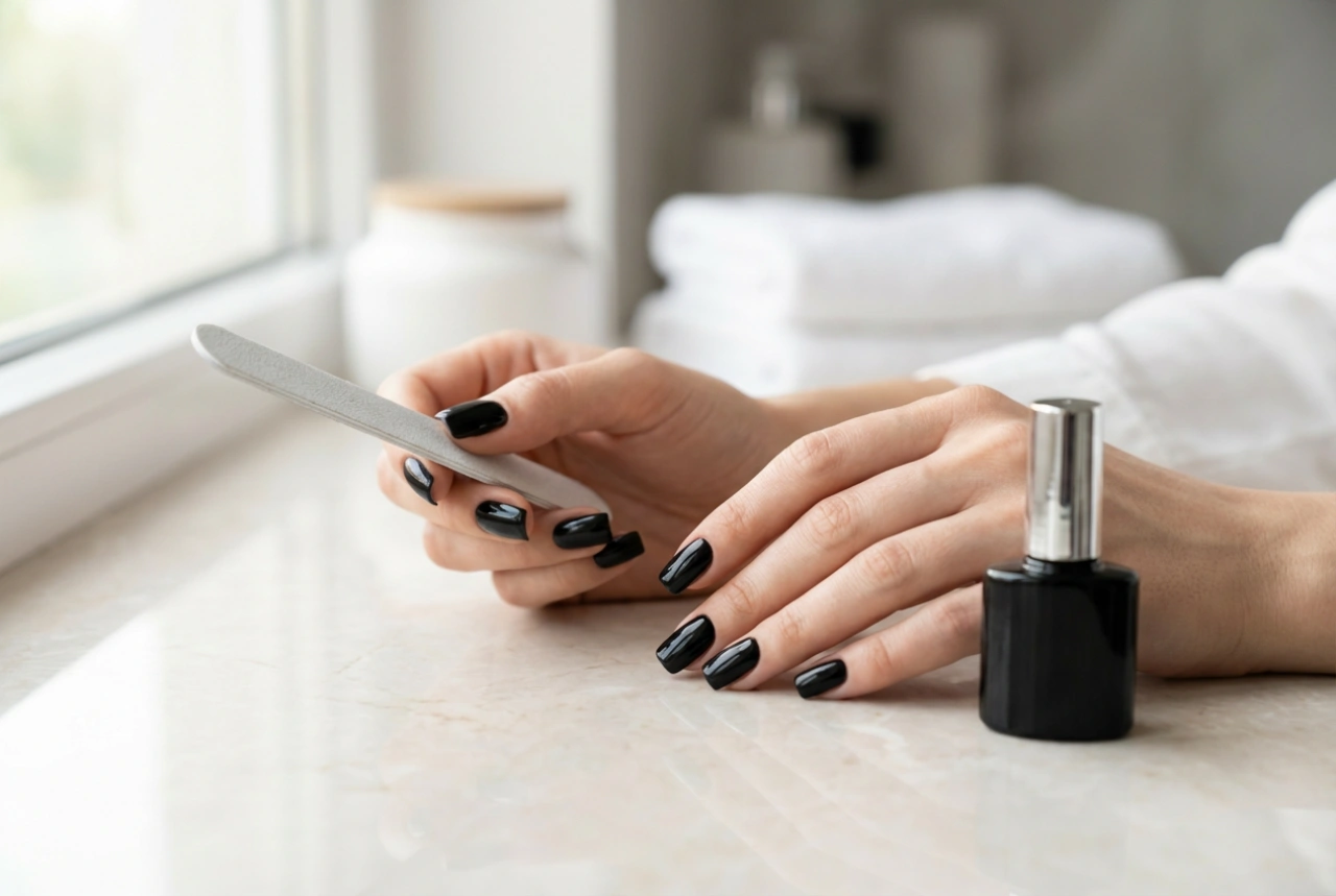 Unhas pretas quadradas: lixamento, pintura e proteção