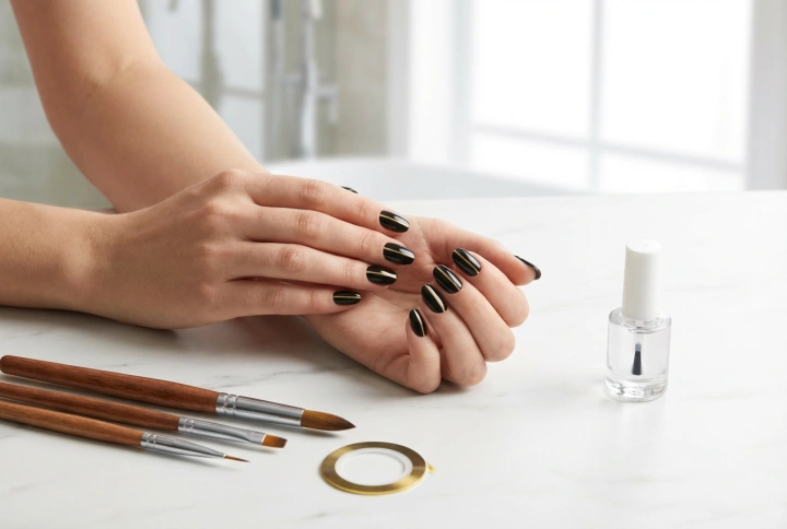 Listra dourada em unhas pretas: fitas, pincéis e top coat