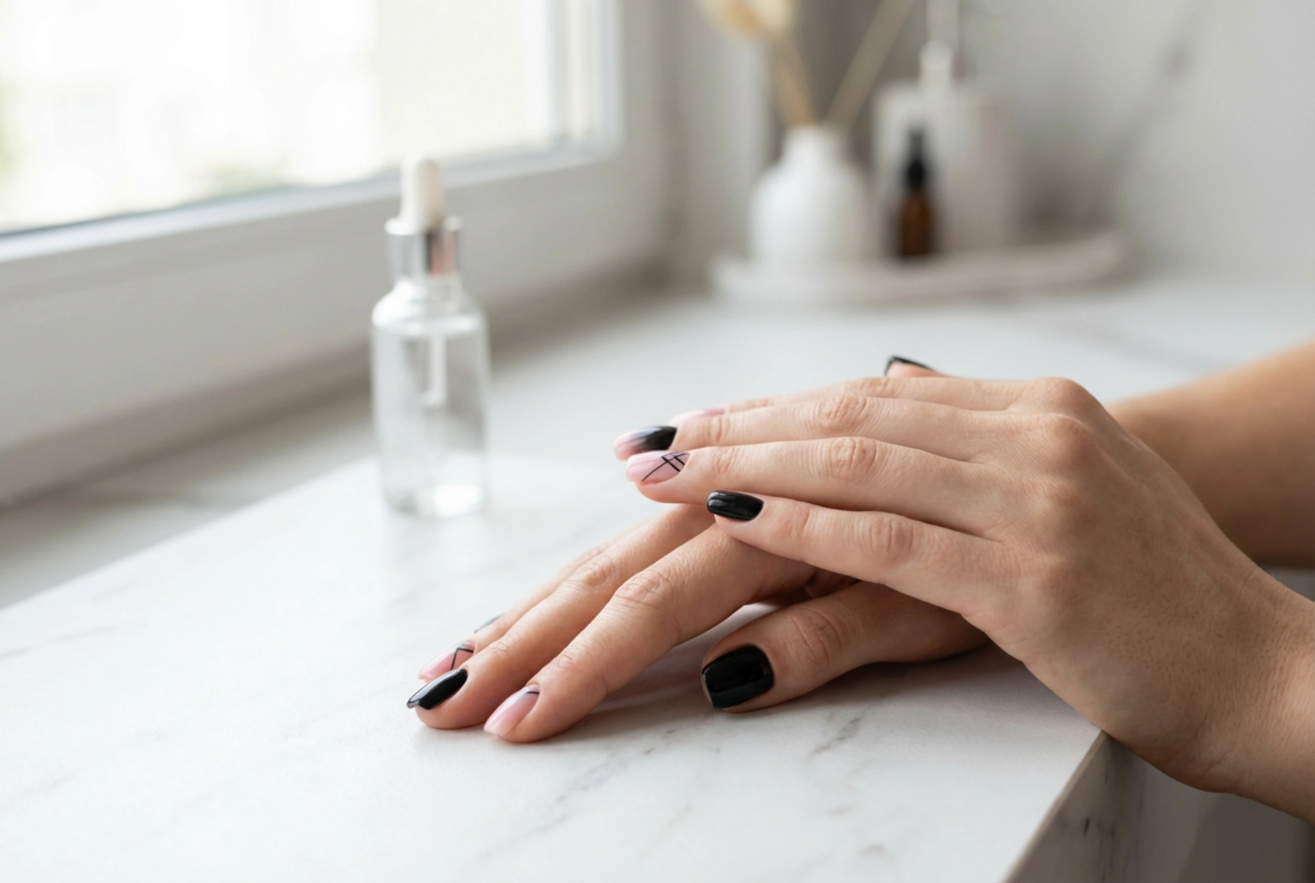 Unhas pretas e cor-de-rosa: contrastes, ombre e designs simples