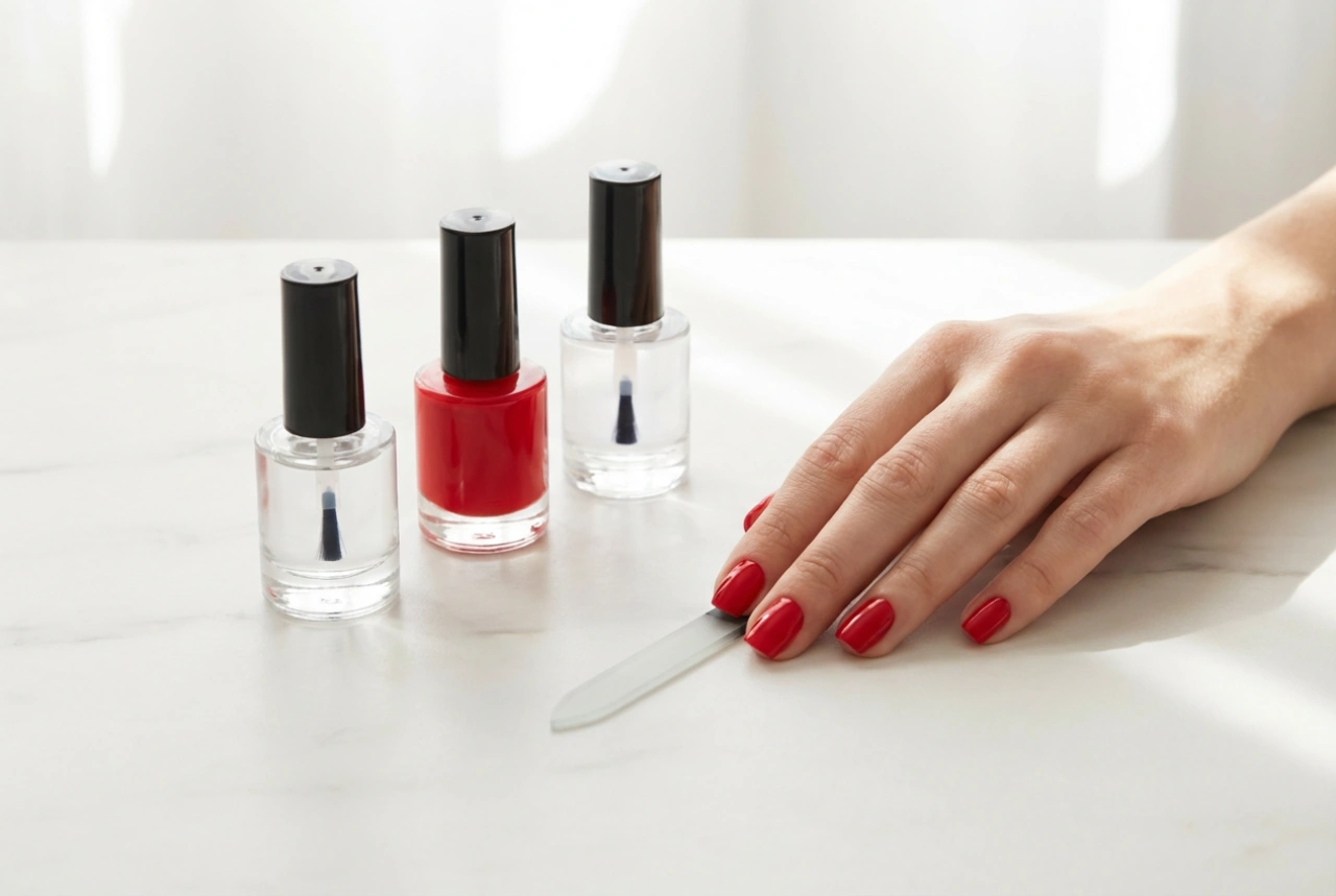 Unhas em gel vermelhas passo a passo: base, cor e top coat