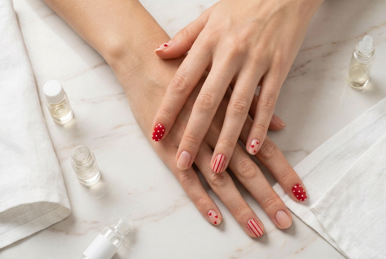Unhas vermelhas: decorações simples com bolinhas, listras e corações