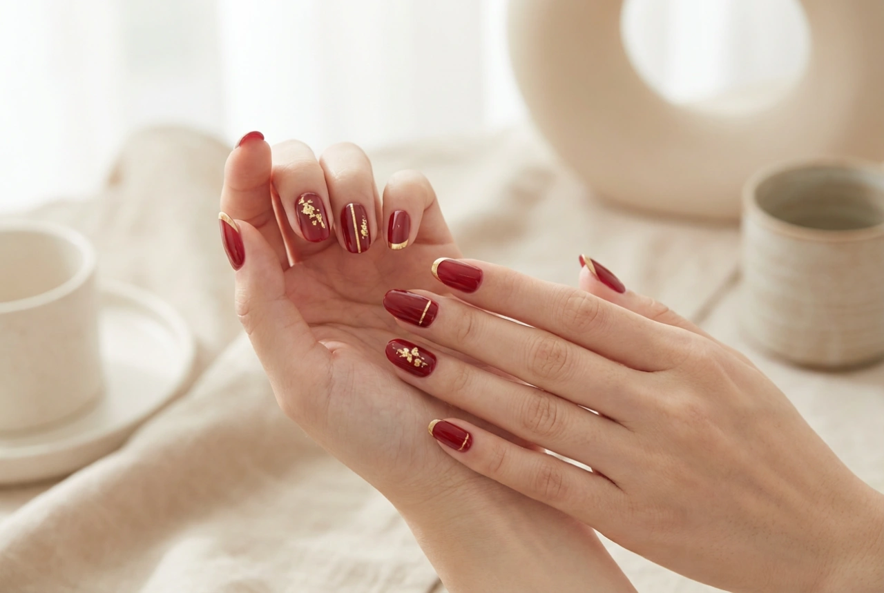 Detalhes dourados em unhas vermelhas: folhas de ouro, fitas e manicure francesa