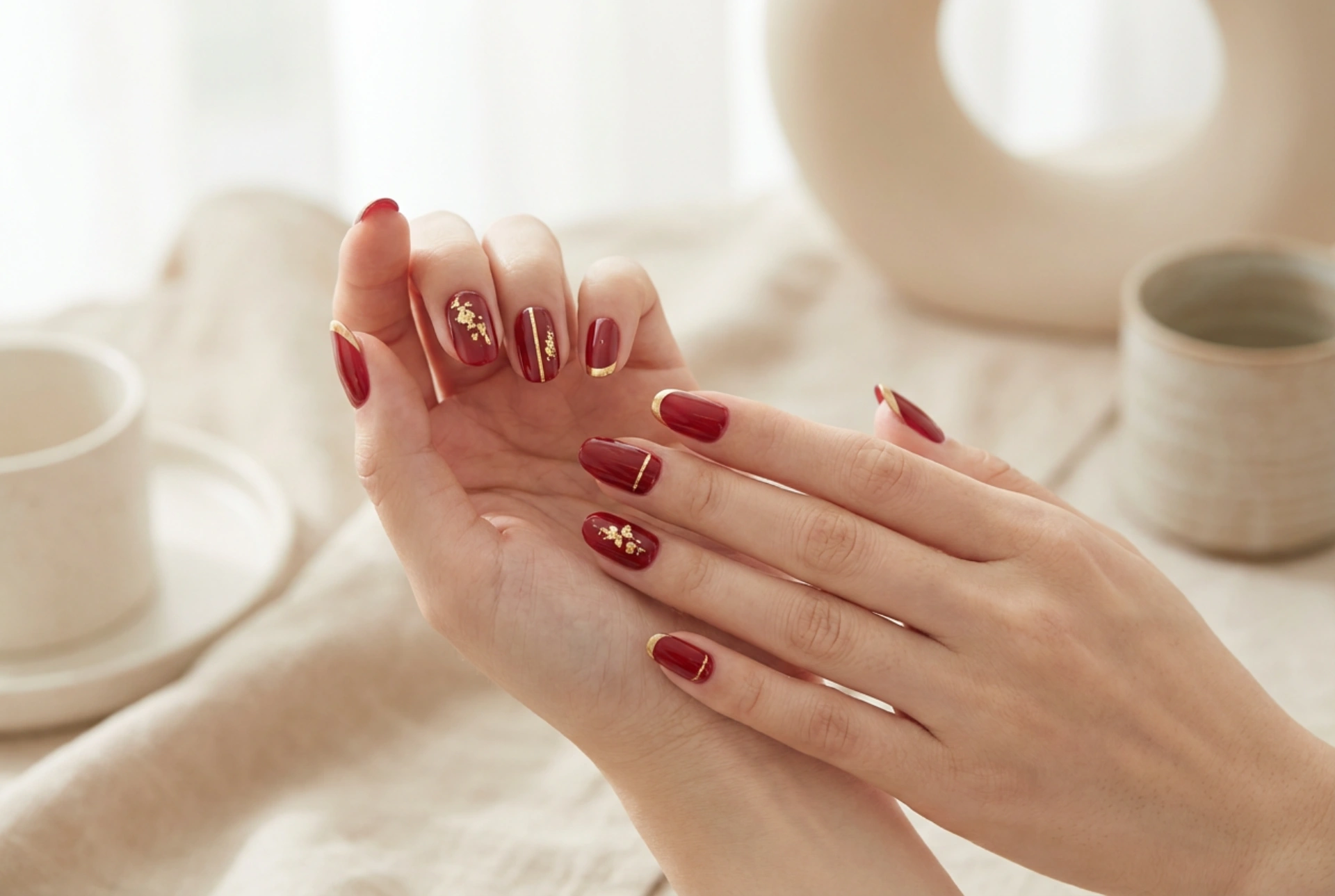 Detalhes dourados em unhas vermelhas: folhas de ouro, fitas e manicure francesa