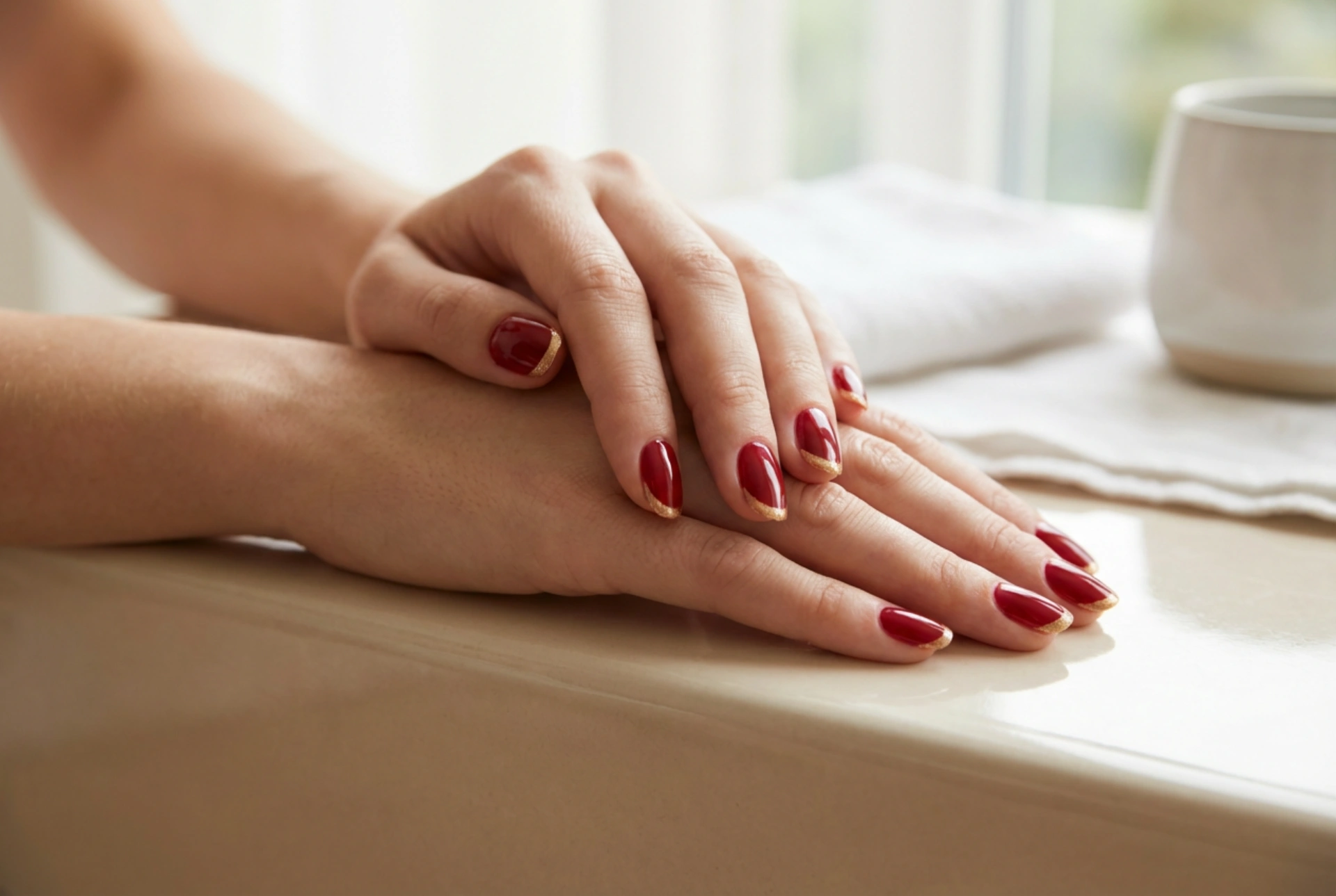 Francesinha Dourada em Unhas Vermelhas: A Linha do Sorriso Perfeita
