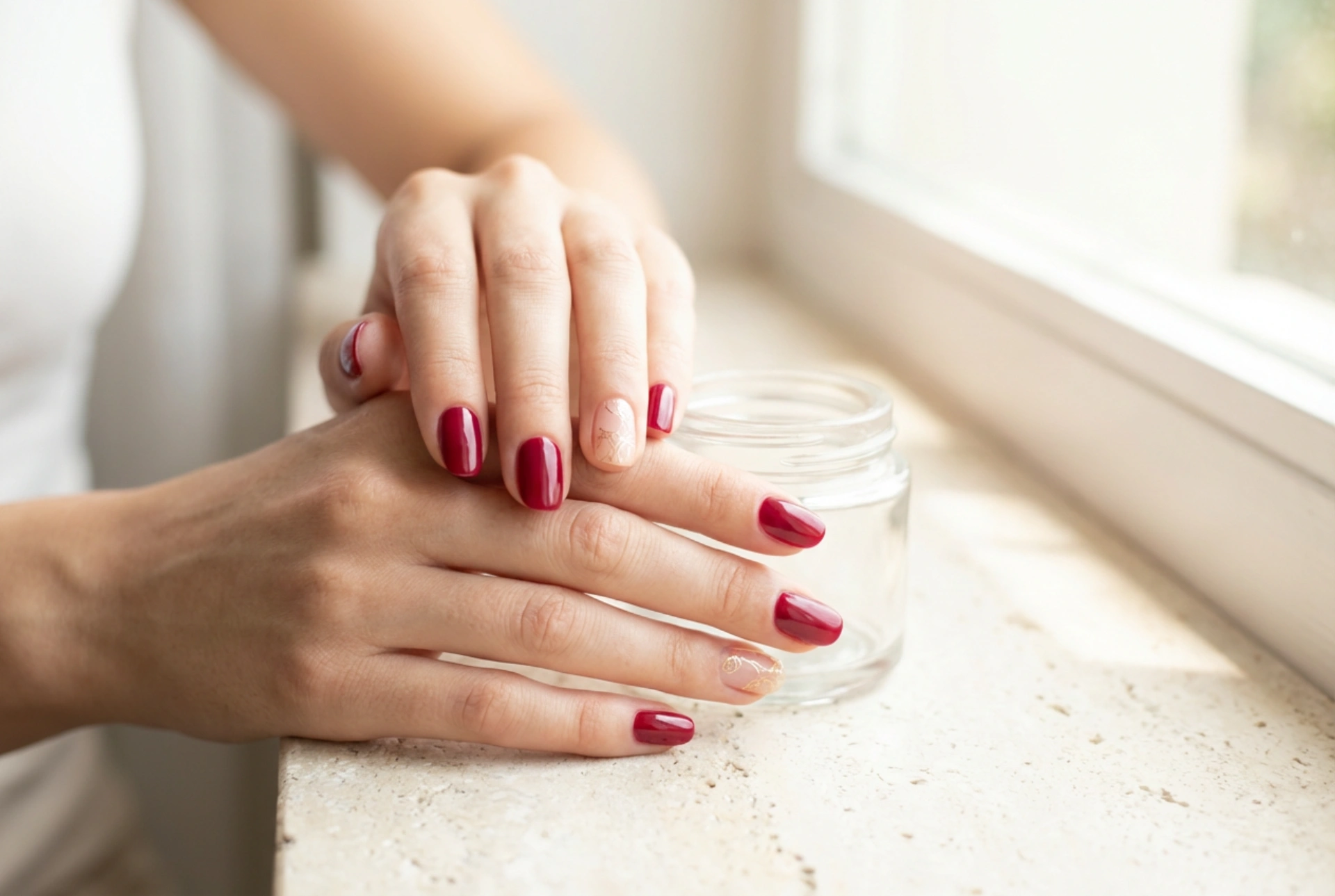 Decorações douradas em unhas vermelhas: proporções e acabamentos
