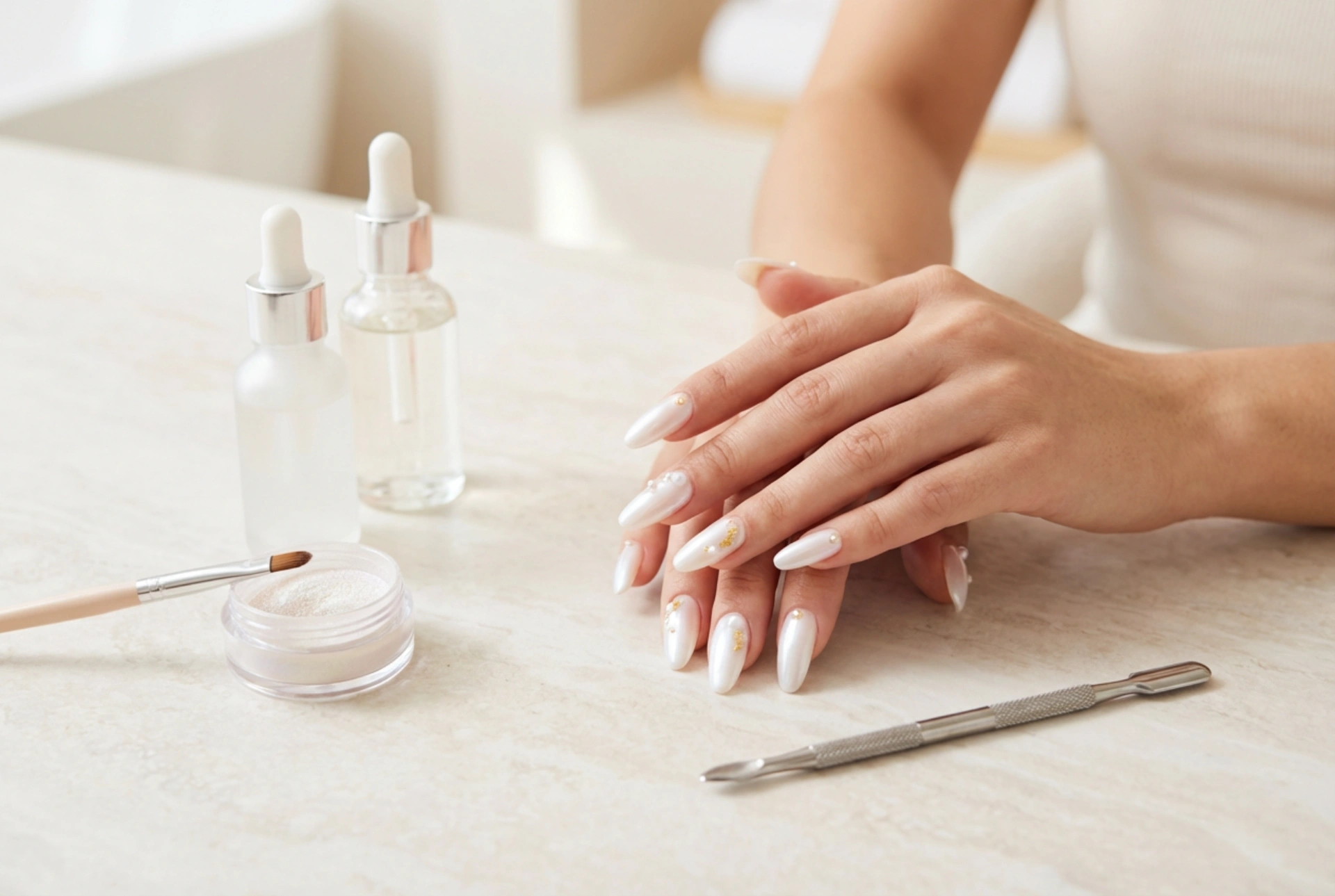 Unhas brancas peroladas: como trabalhar com o pó e obter um brilho suave