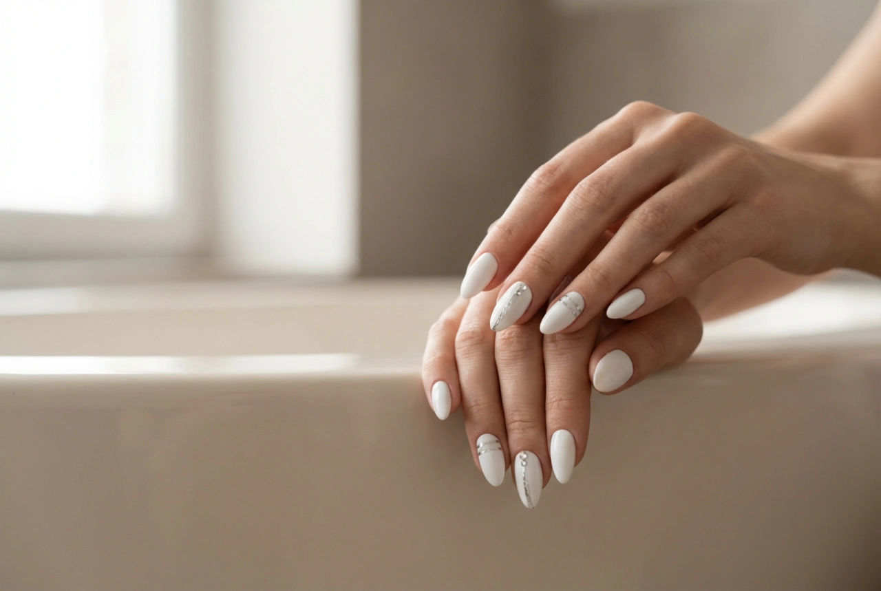 Unhas brancas com um toque prateado: fitas, películas e zircónias passo a passo
