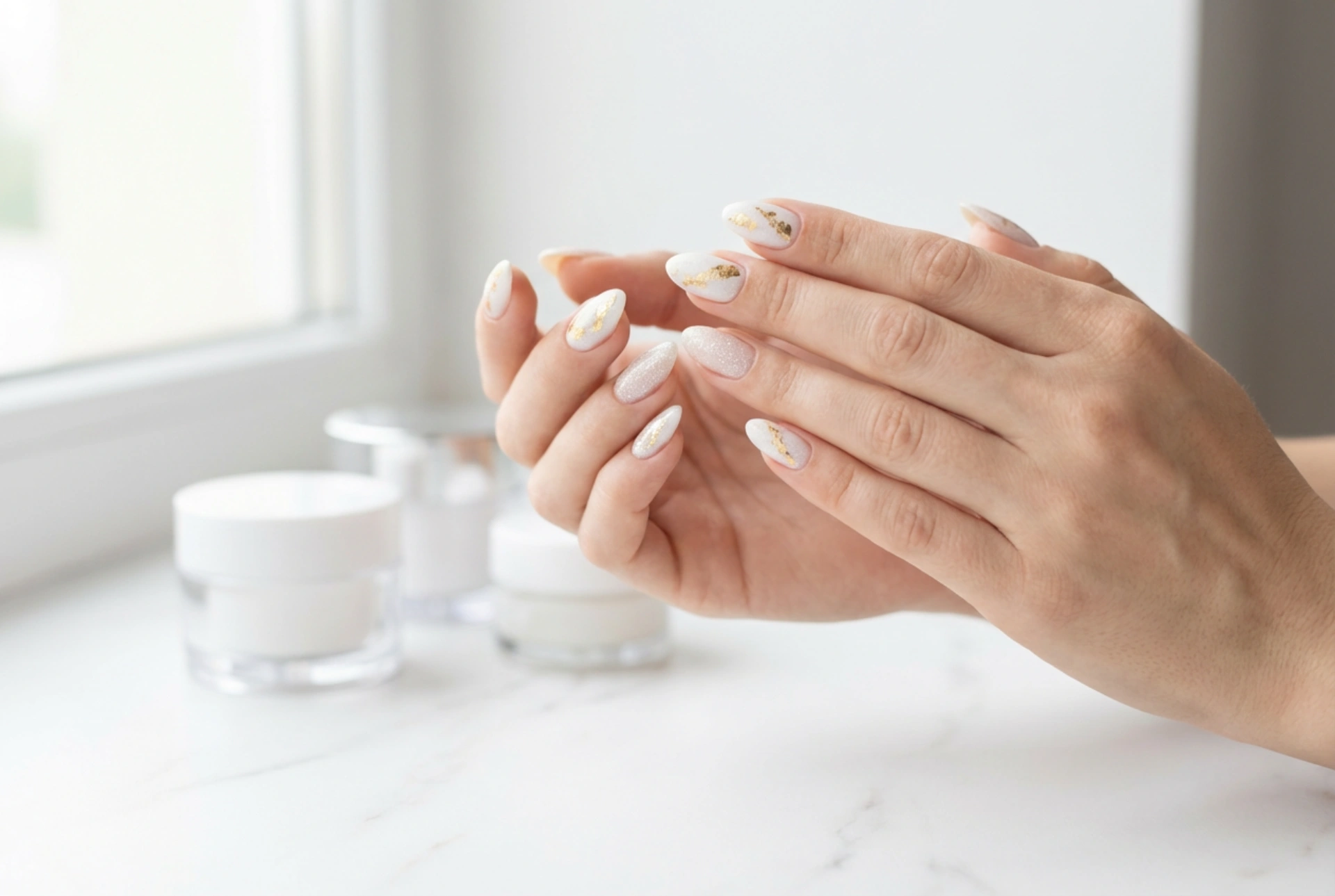 Unhas brancas e douradas: uma manicura elegante com folha e glitter