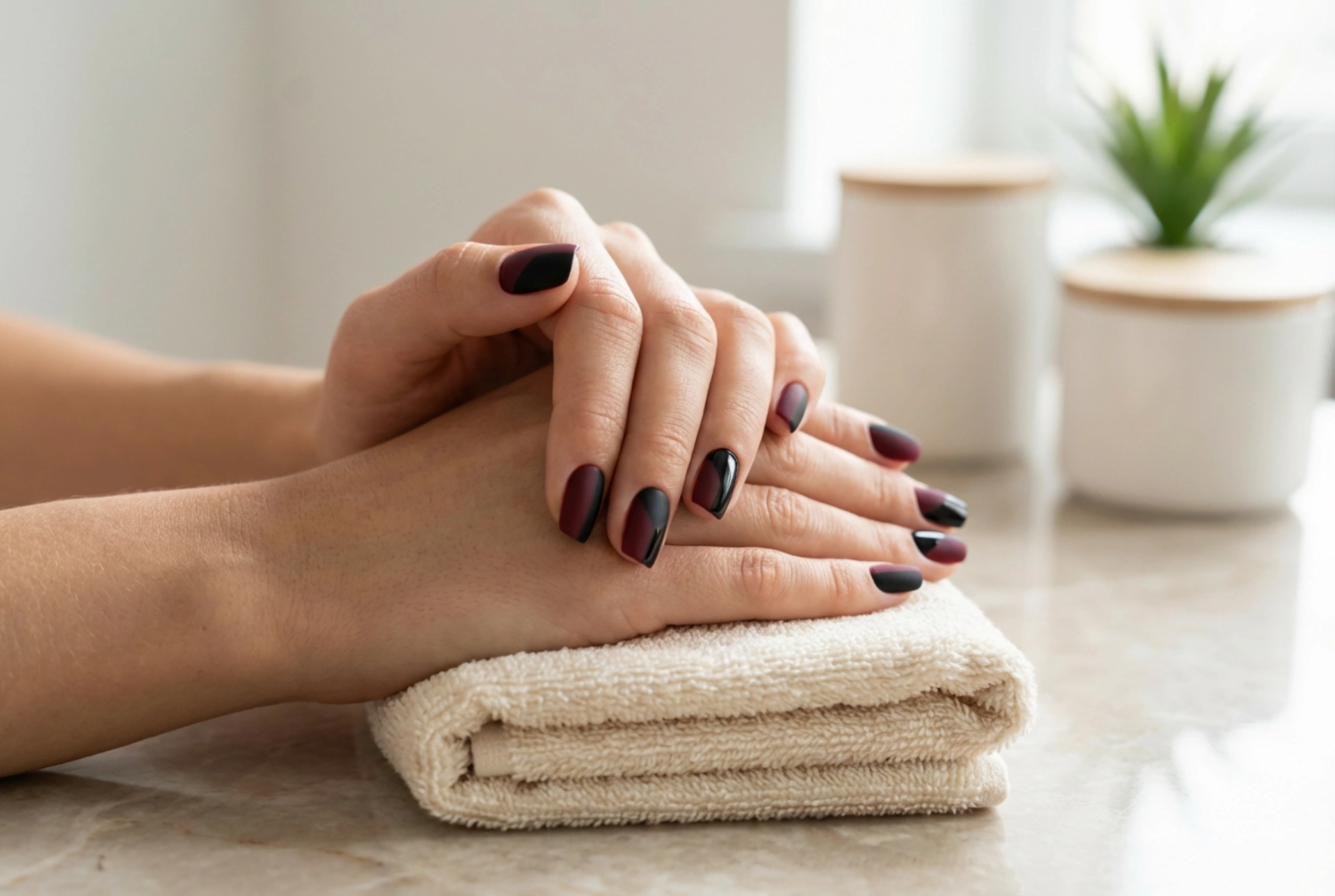 Unhas bordô com preto: linhas geométricas, mate e brilho