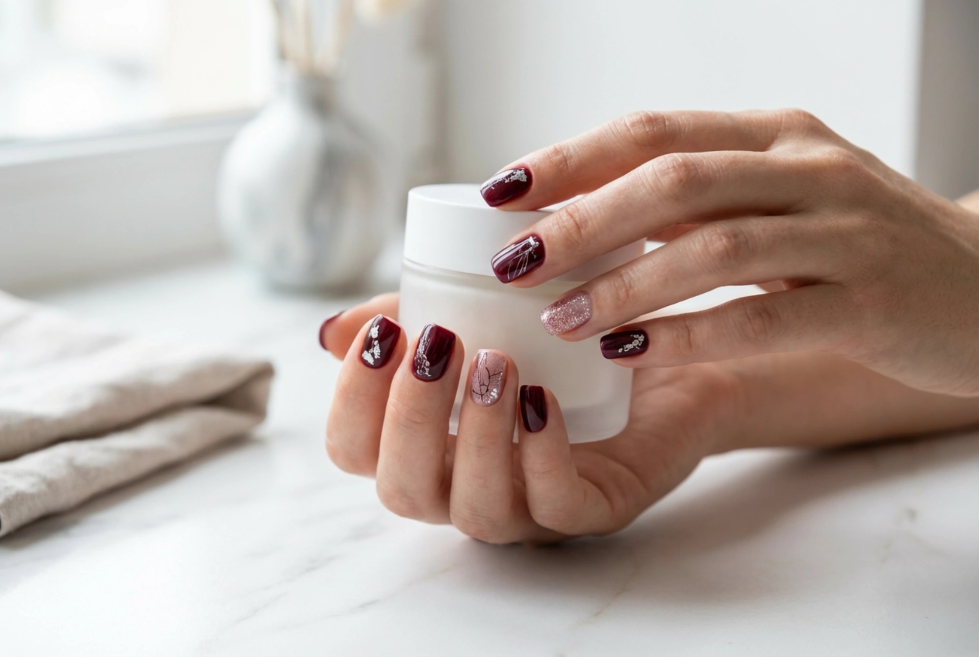 Unhas bordô com prata: acentos metálicos, folhas de transferência e glitter