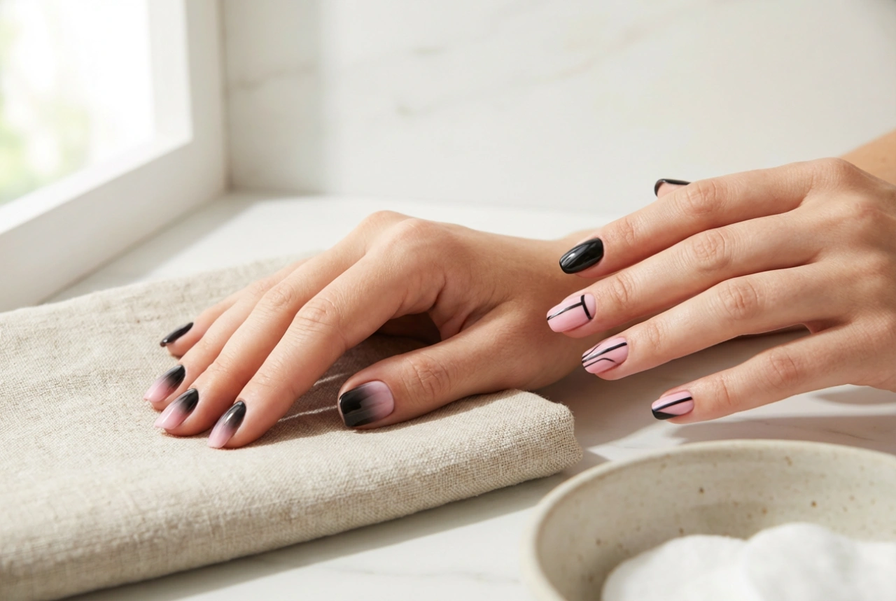 Unhas pretas e rosa: duetos contrastantes, linhas e ombre