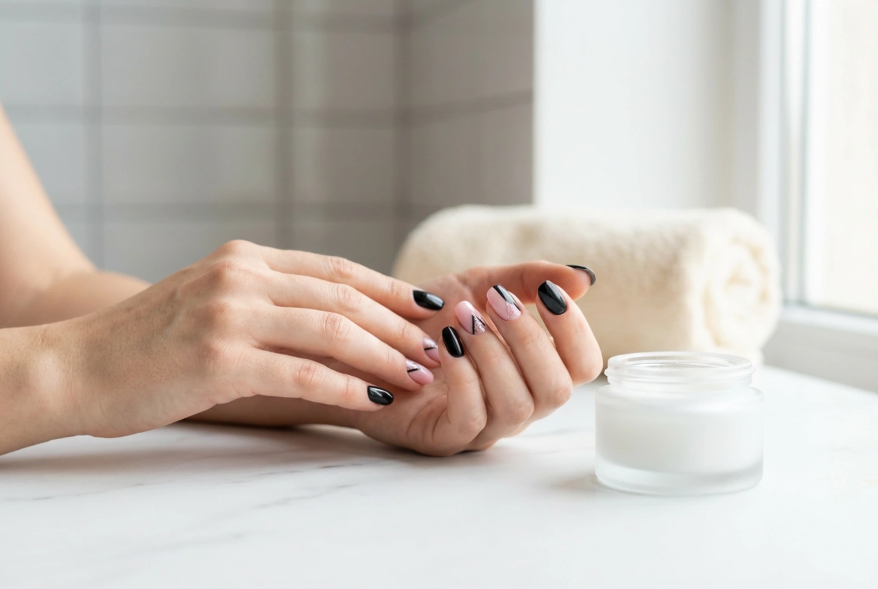 Unhas pretas e cor-de-rosa: acentos geométricos e glitter passo a passo