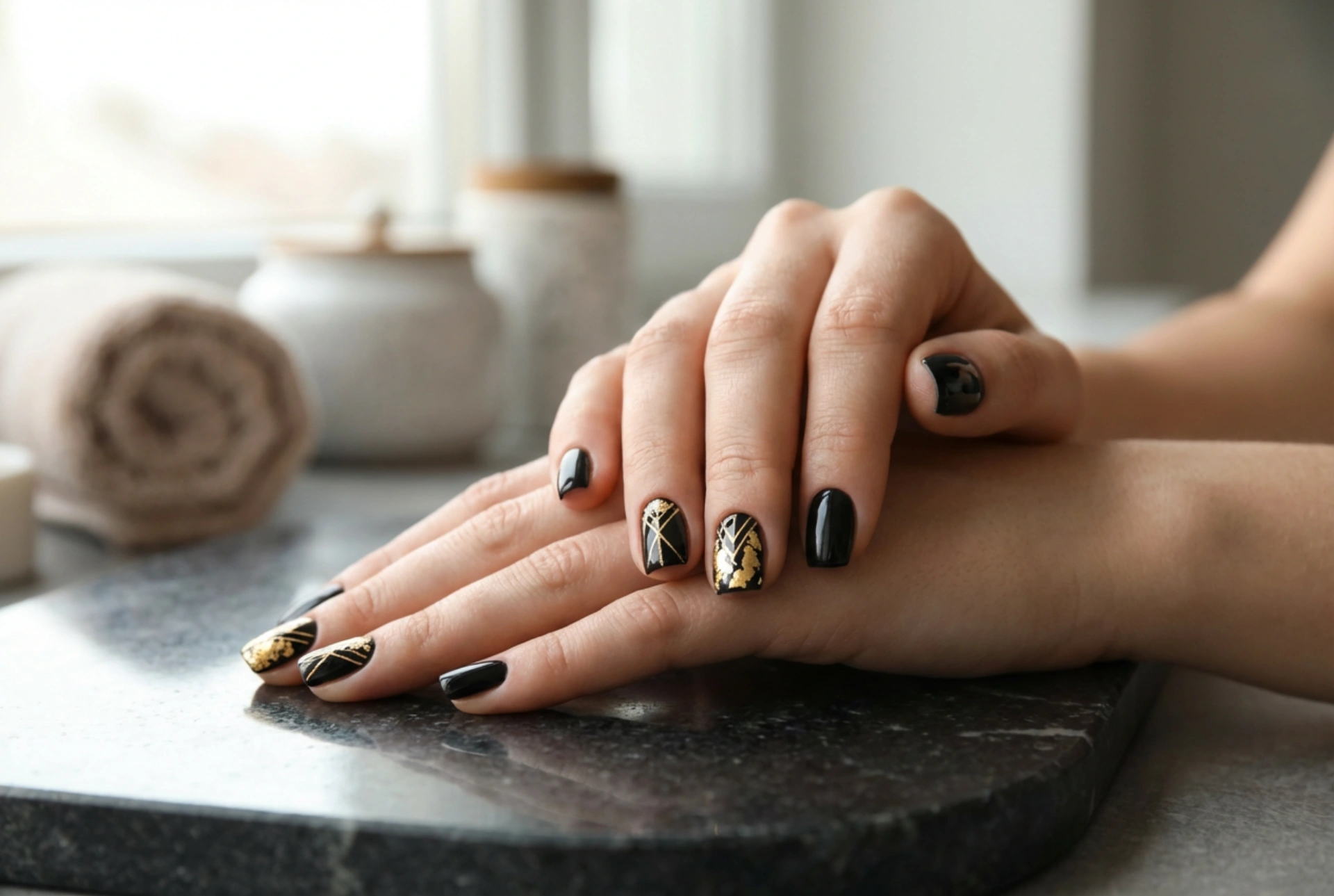 Unhas pretas com dourado: decorações luxuosas, fitas e folha transfer