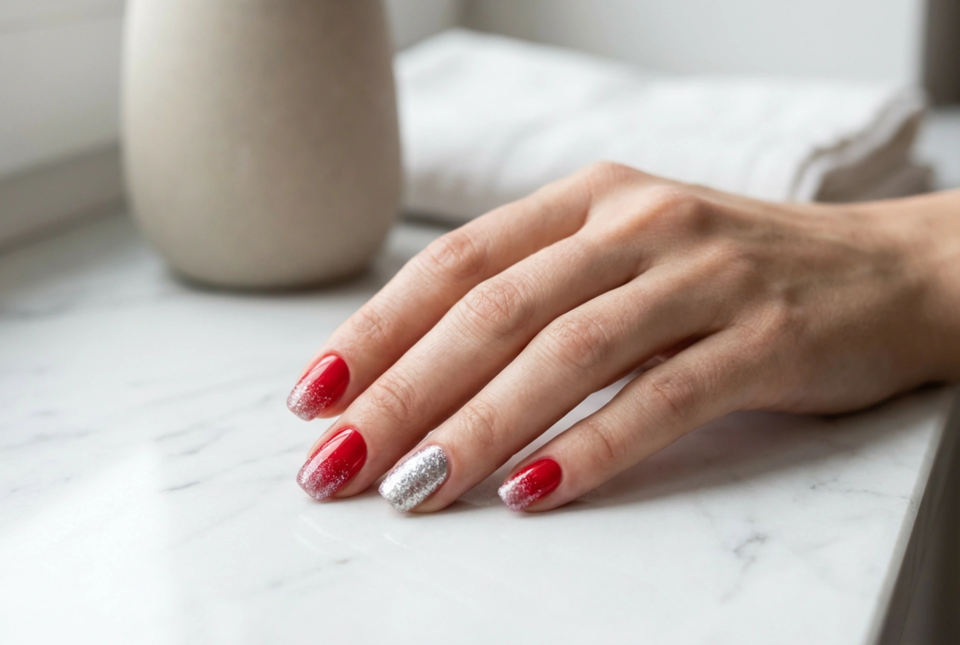 Unhas vermelhas com glitter prateado: degradê uniforme e destaque