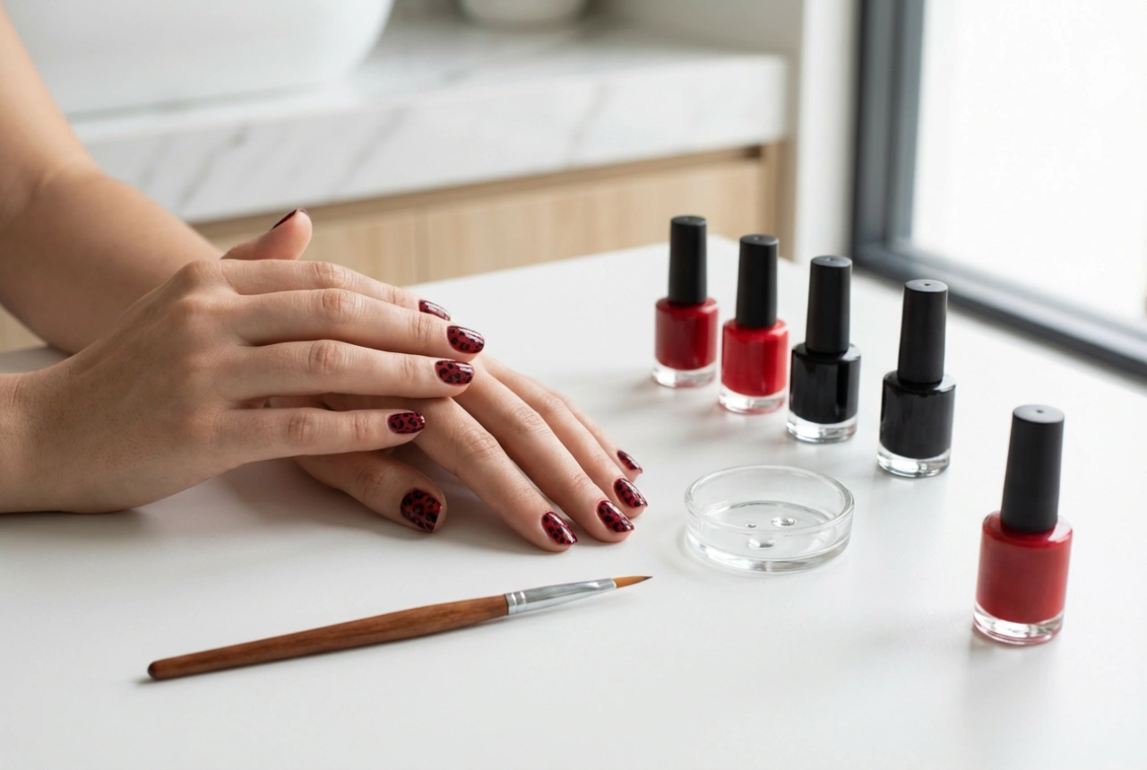Unhas vermelhas com estampa de leopardo passo a passo: métodos simples e ferramentas