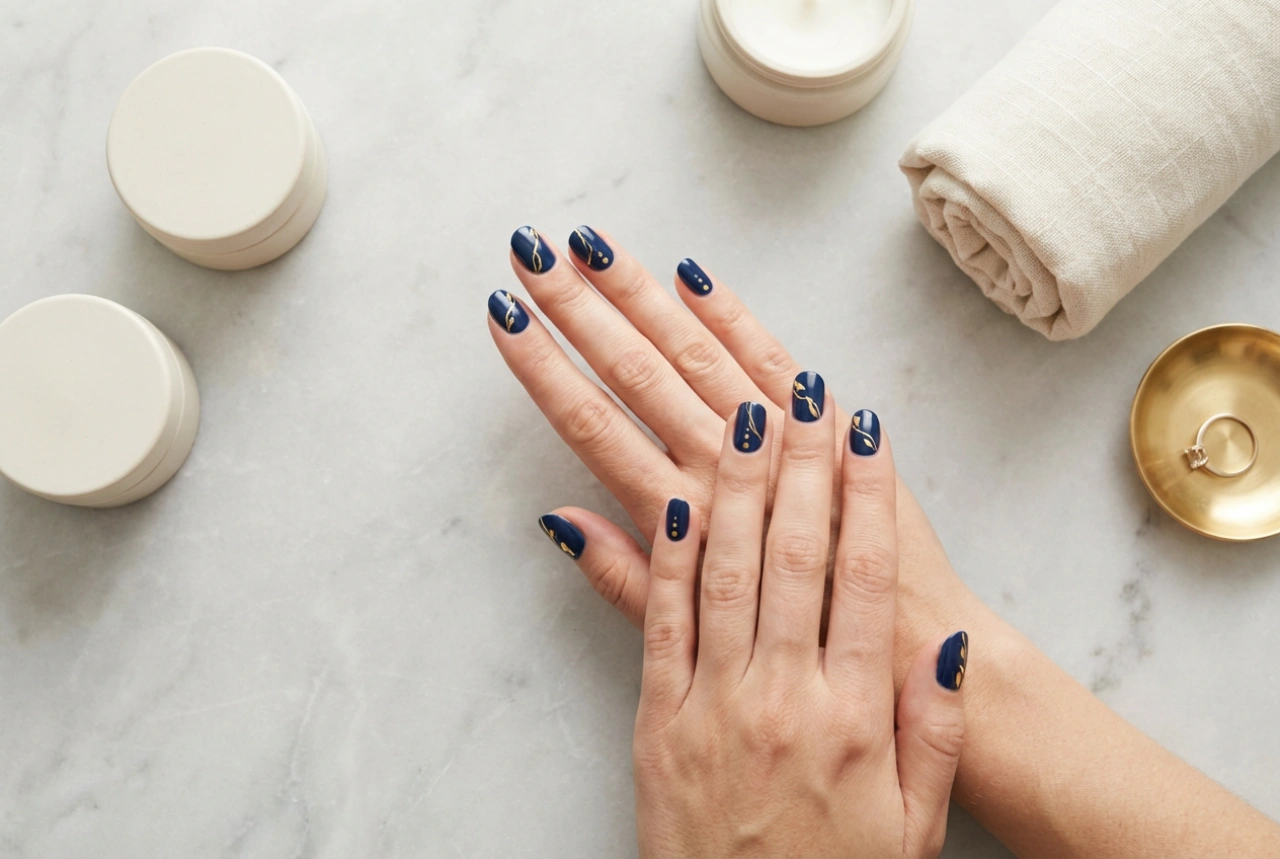 Unhas azul-marinho com dourado: um dueto elegante em três versões simples