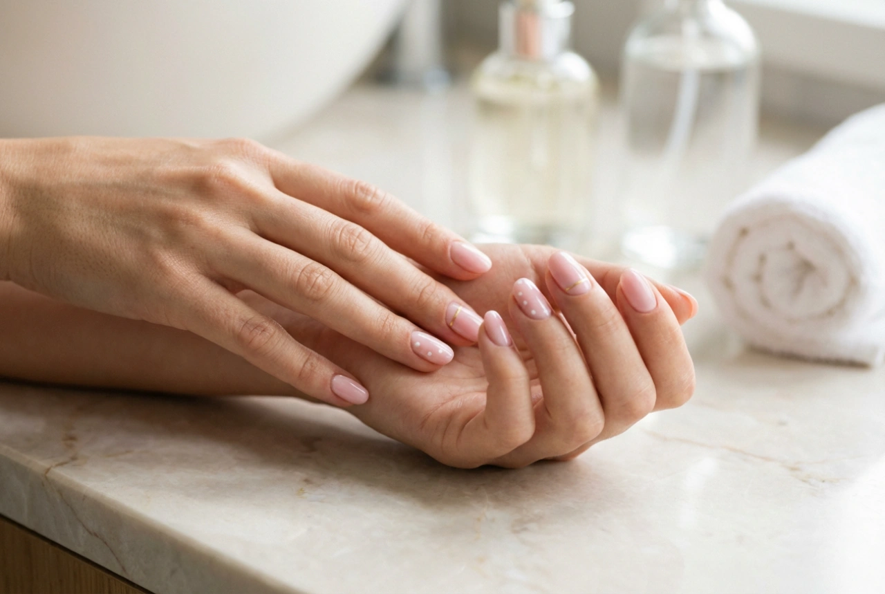 Unhas de gel rosa para o dia a dia: cor uniforme e decorações delicadas