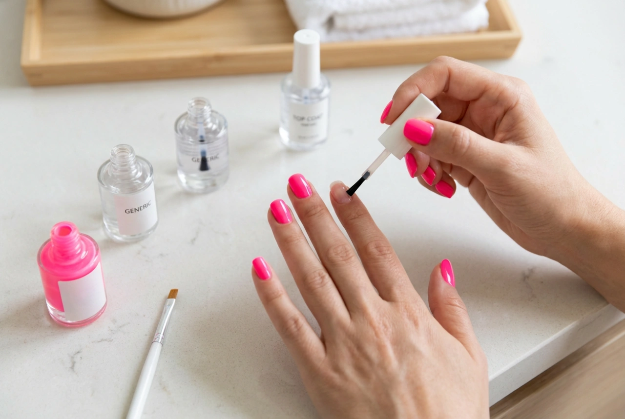 Unhas neon rosa passo a passo: base, camadas e top coat