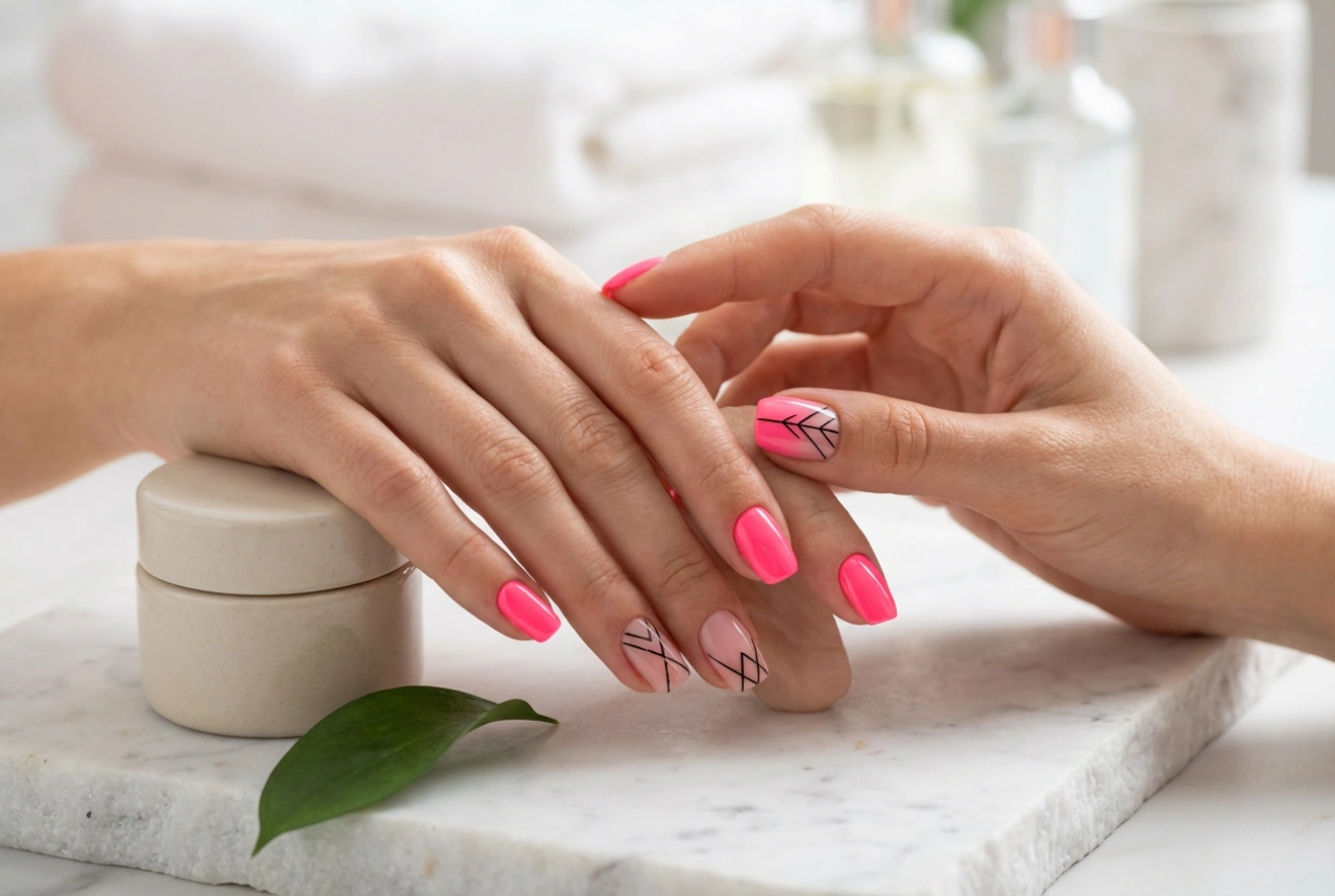 Unhas cor-de-rosa néon com preto: decorações contrastantes passo a passo