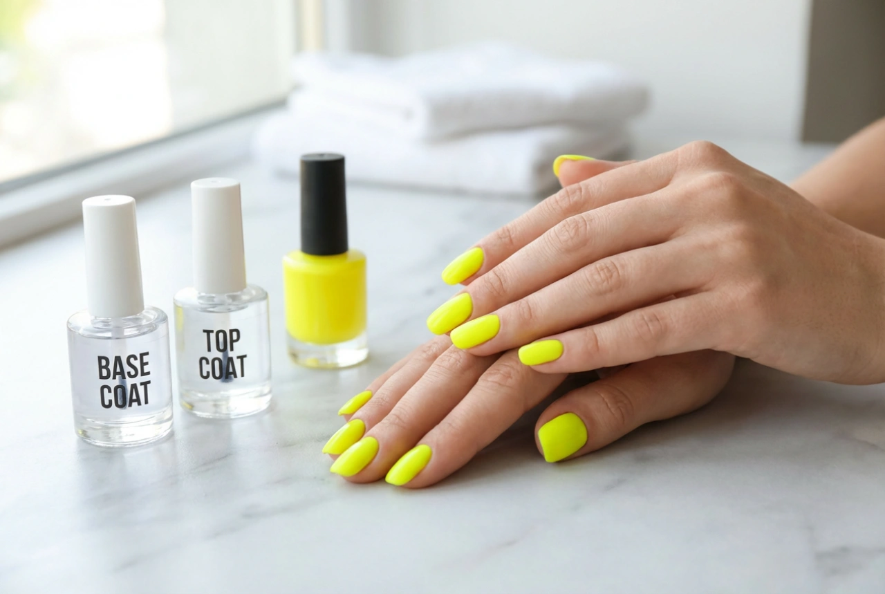 Unhas neon amarelas: truques para uma cobertura perfeita, base e top coat adequados