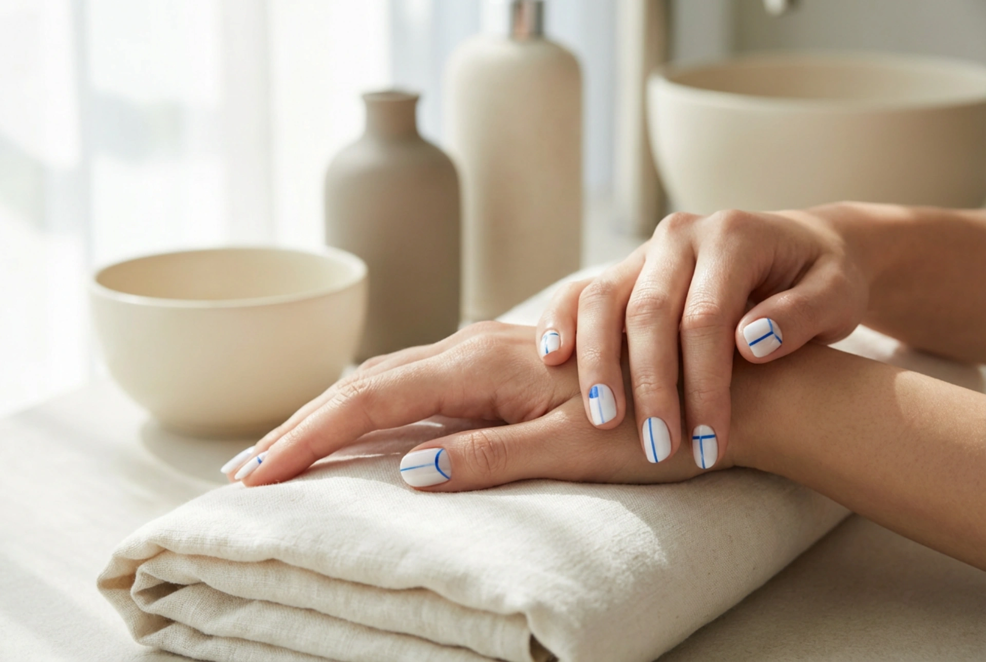 Unhas azul e branco: decorações simples e linhas limpas
