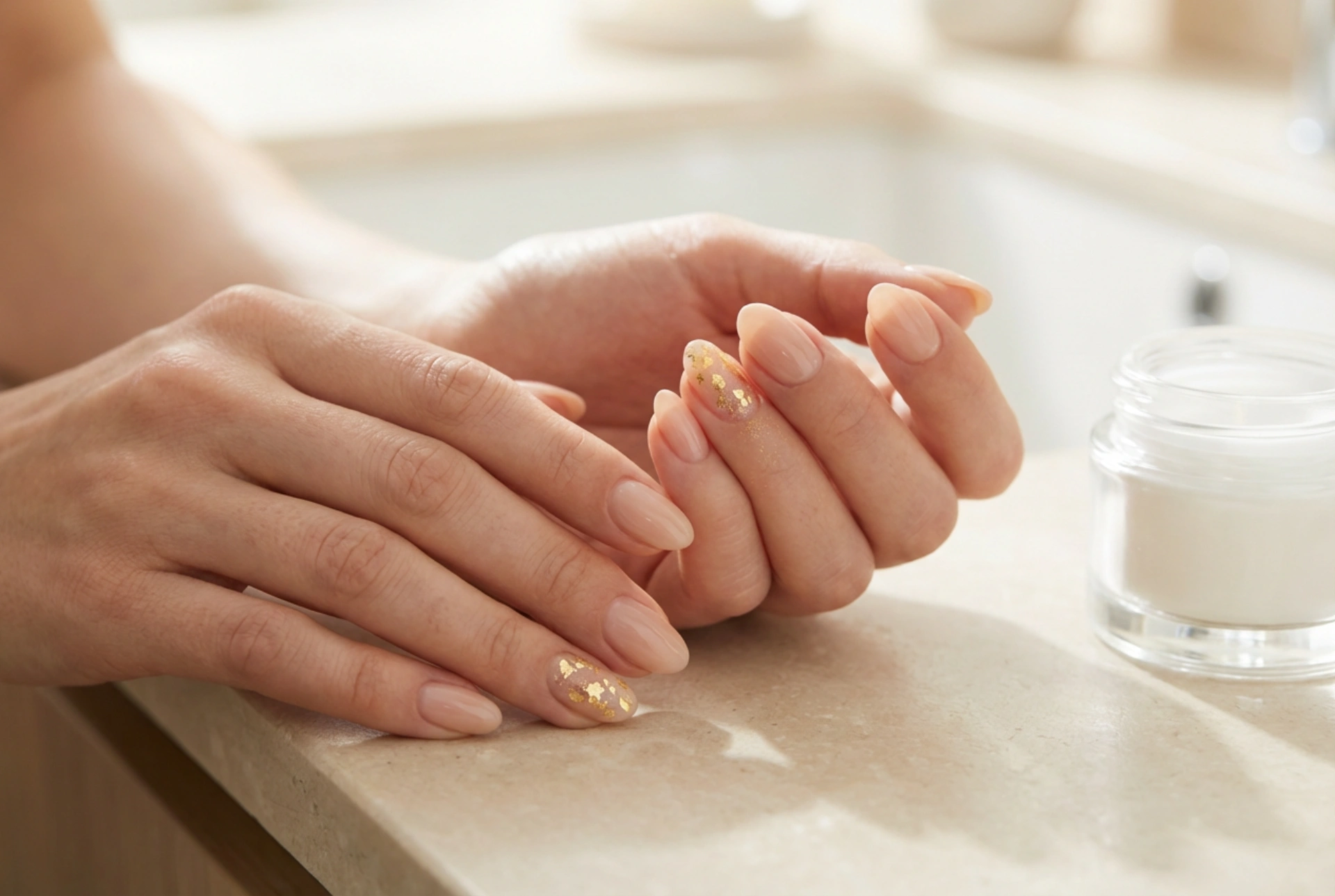 Unhas Nude com Dourado: Acentos Elegantes, Folhas e Pós