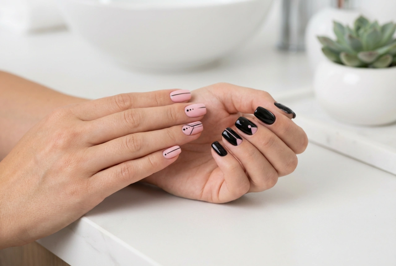 Unhas rosa e preto: ideias de contrastes e técnicas simples
